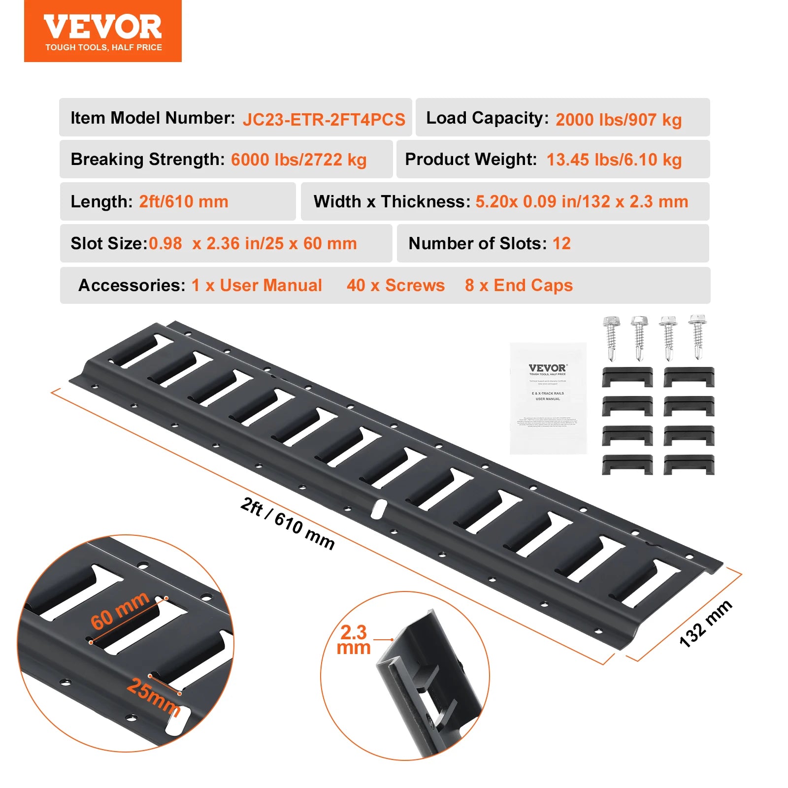 Kit de rails d'arrimage E-Track 4 pièces 2000 lbs de charge pour remorques et garages