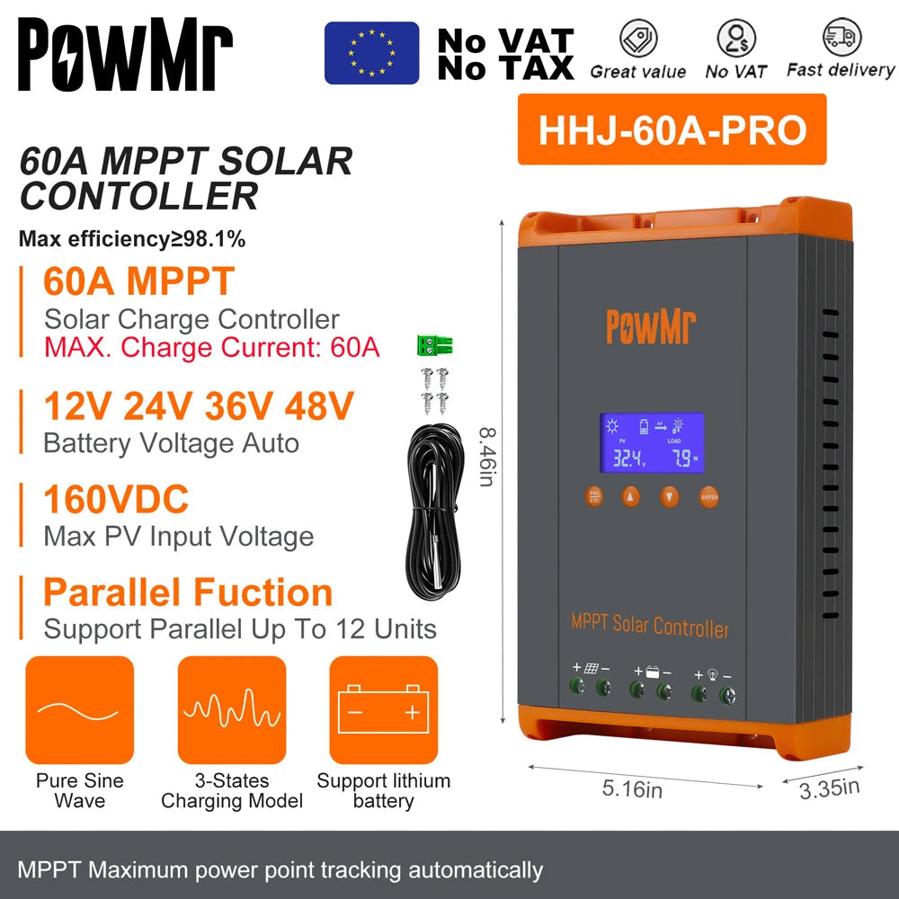 PowMr MPPT 100A 80A 60A 40A 30A 30A 20A Solar Charger Controller LCD Work With 12V 24V 36V 48V Lead-acid Lifepo4 Battery Solar Panel