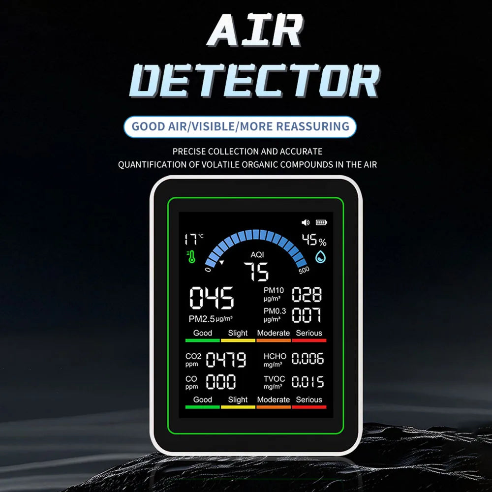 Monitor de calidad del aire 10 en 1, medidor de CO2, CO, TVOC, HCHO, PM2.5, PM1.0, PM10, medición de temperatura y humedad, detector de dióxido de carbono