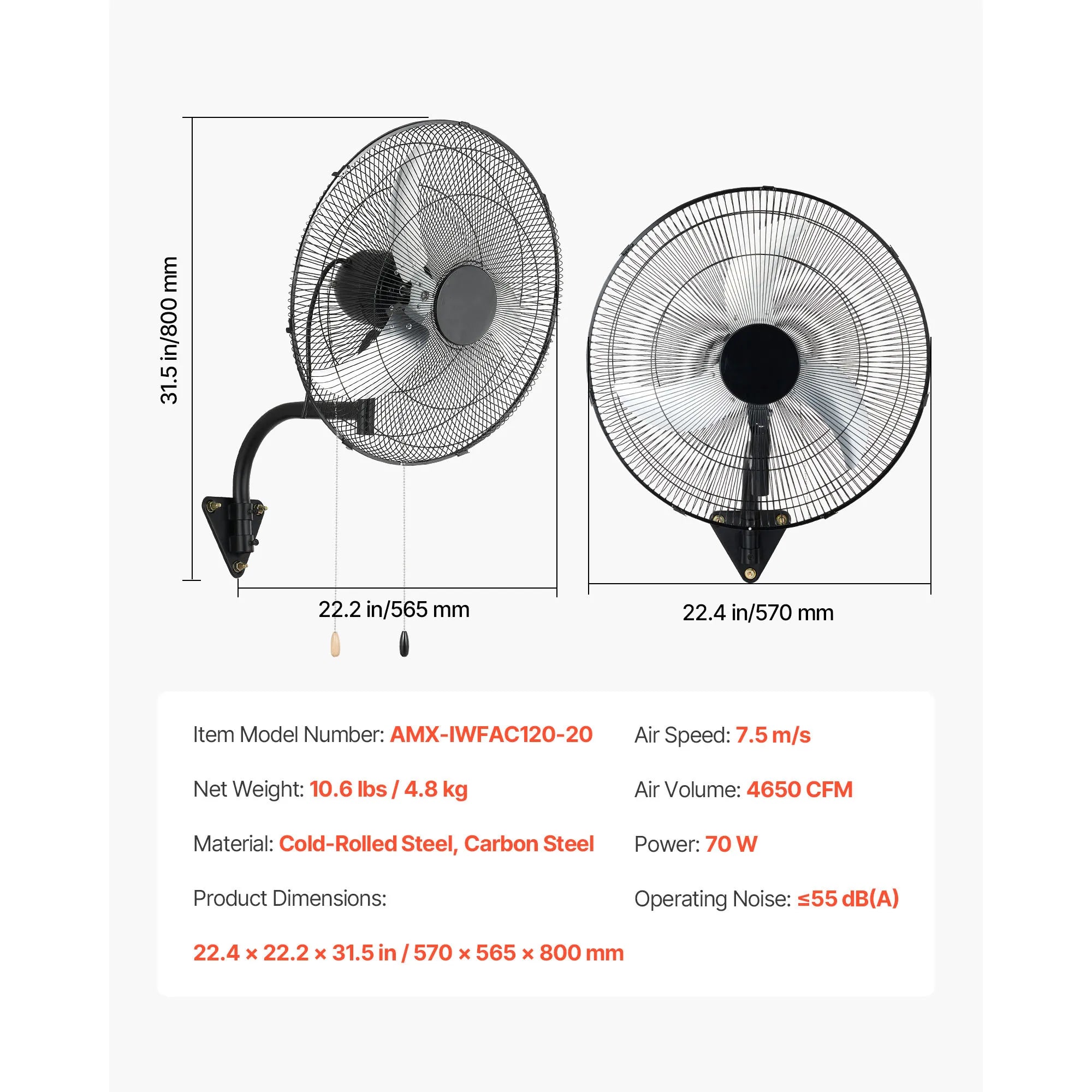 Wall Mount Fan 18/20 Inch 3-Speed Adjustable Rotation Angle