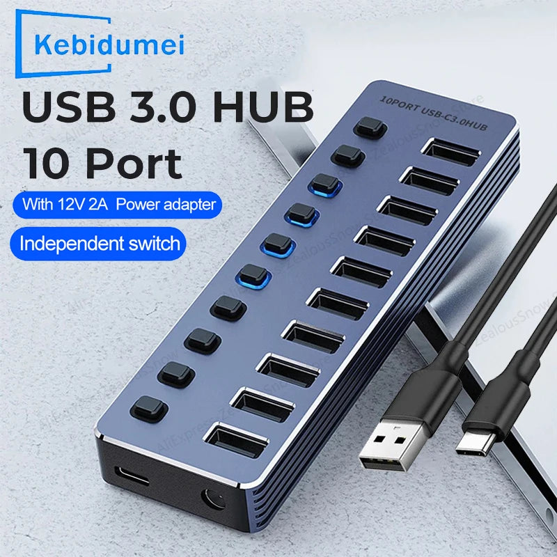 USB-C Hub with Individual Switches, 7 or 10 USB 3.0 Ports