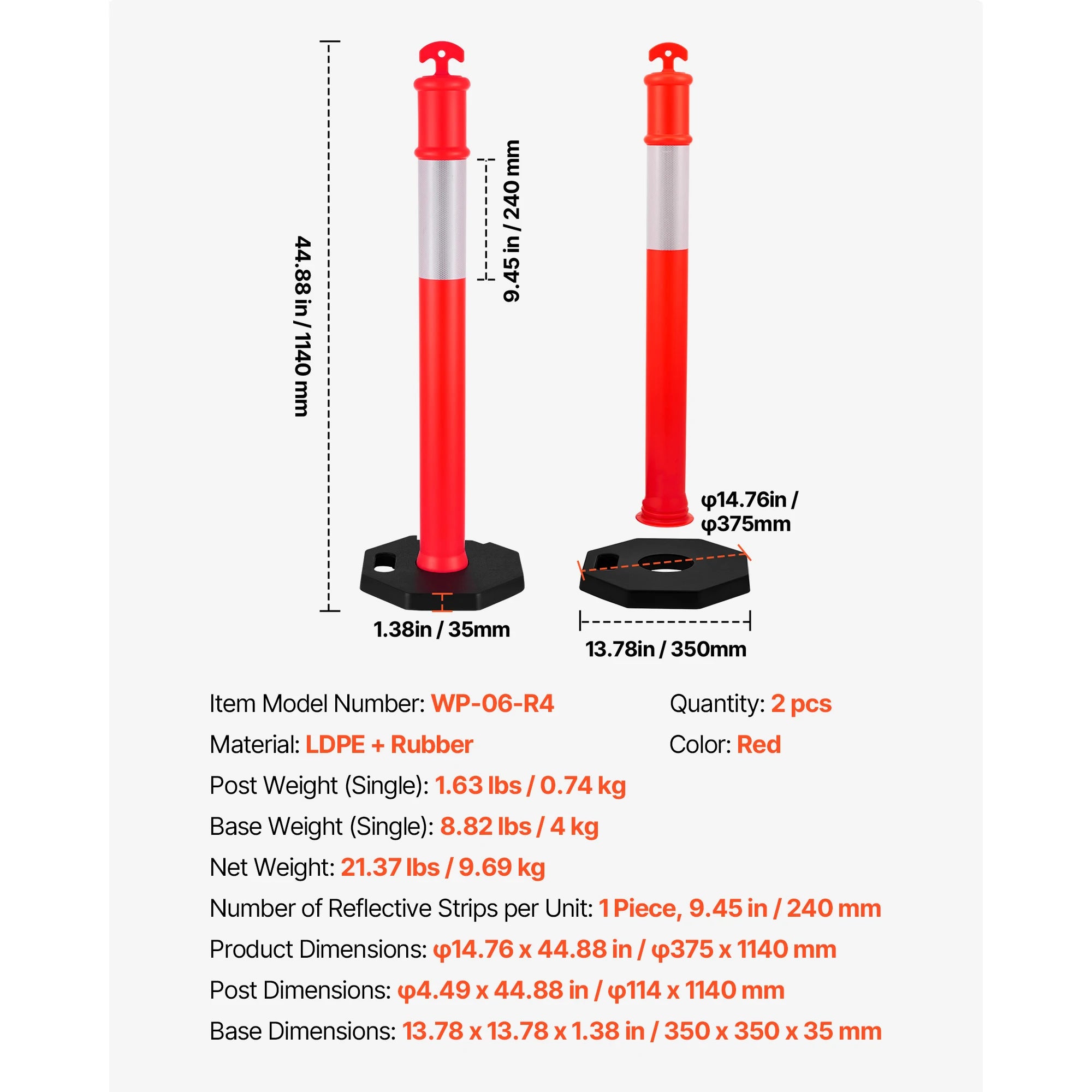 SucceBuy 2/3/4/6/12 Pack Traffic Delineator Posts 34/45 in with Weighted Base Reflective Strips for Construction Site Parking