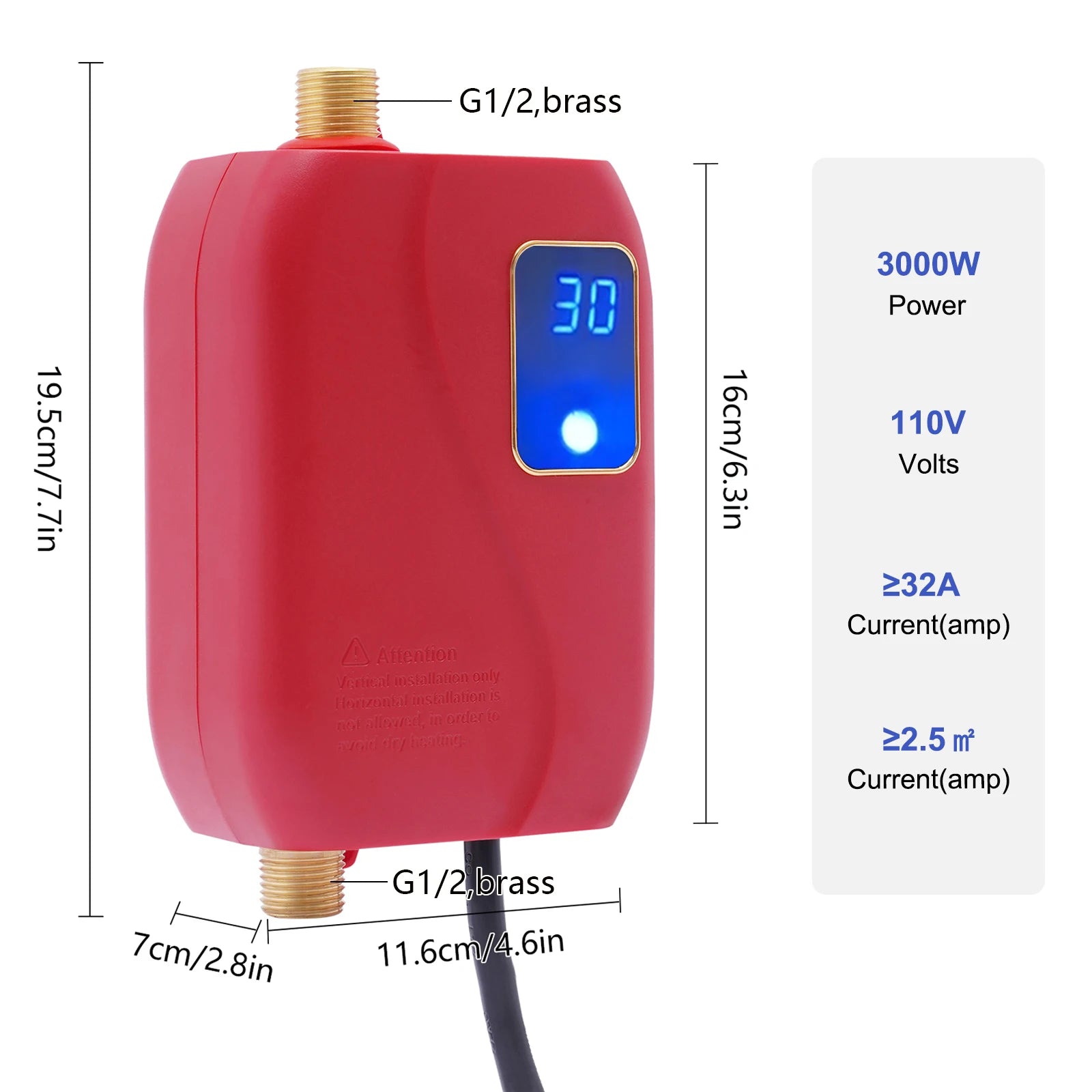 3000W Tankless Water Heater 110V Instant Hot Water with LED