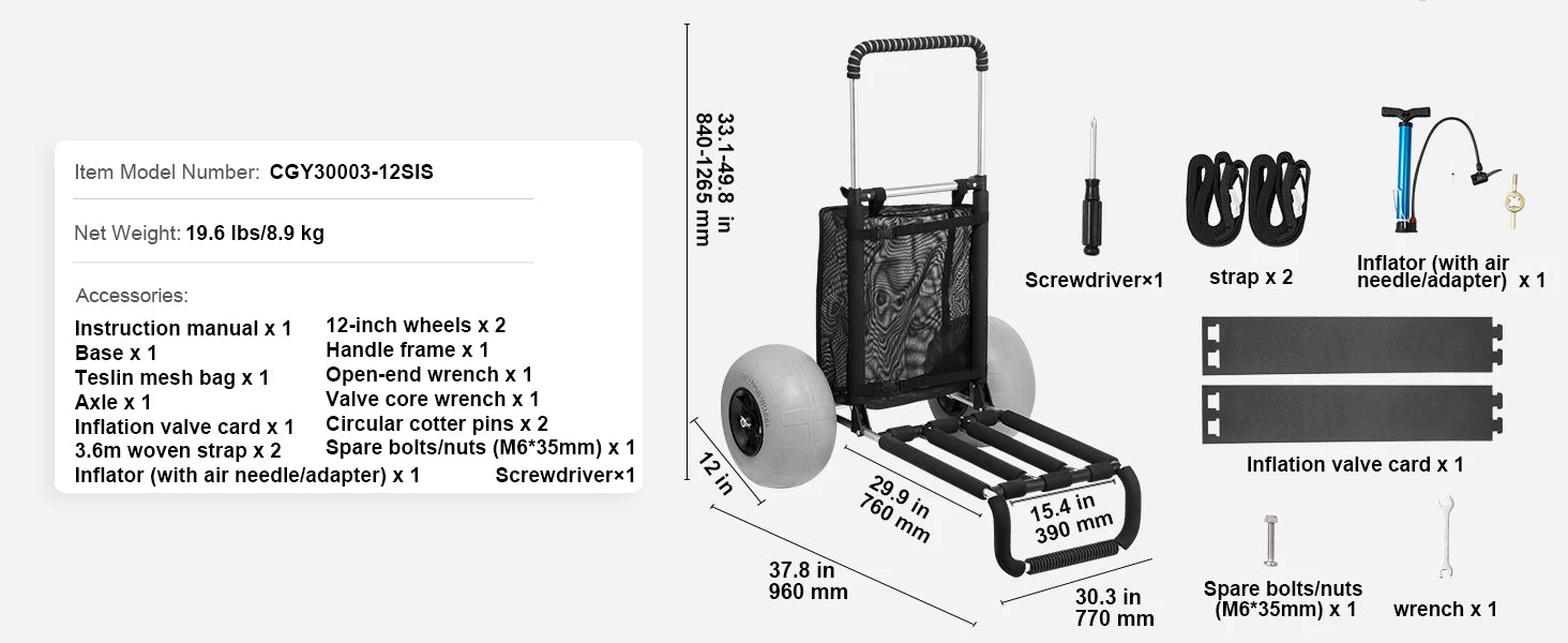 SucceBuy Beach Dolly with Big Wheels for Sand 29.9" x 15.4" Cargo Deck w/ 12" Balloon Wheels, 165LBS Folding Sand Cart for Beach