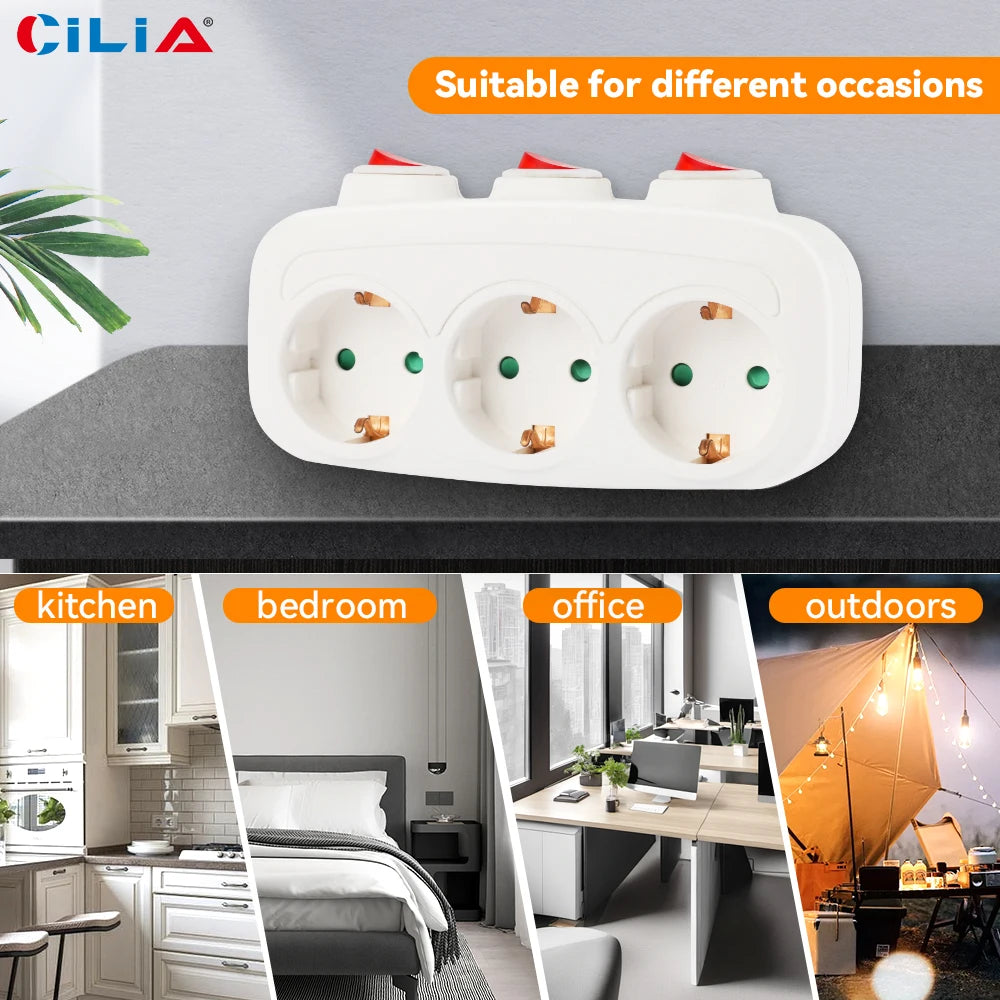 EU Three-Socket Wall Adapter with Switches