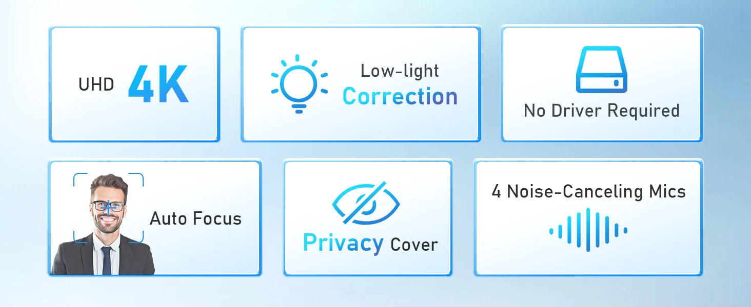 VIZOLINK 4K UHD webkamera 8MP webkamera 4 zajszűrő mikrofonnal automatikus fókusz USB webkamera PC-hez Zoom Teams Google Meet streaminghez
