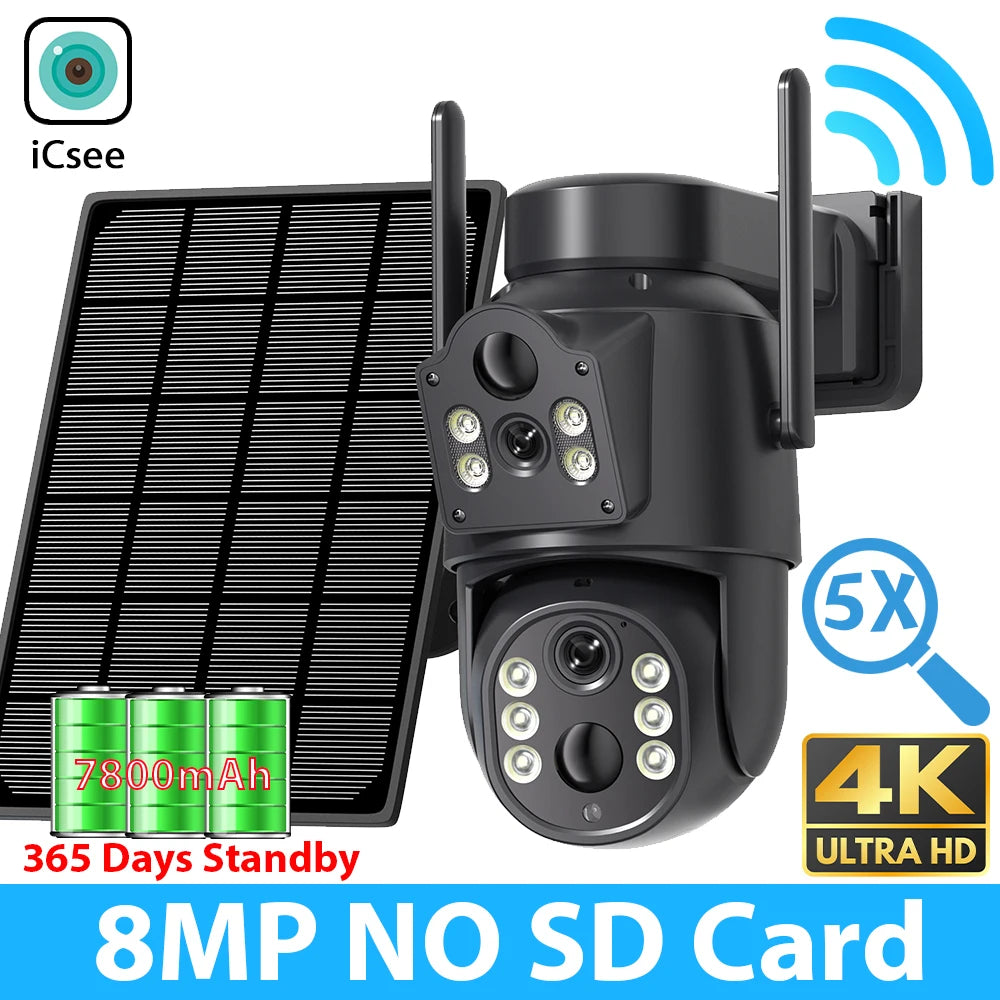 8MP 4K Outdoor WiFi Solar Security Camera Dual Lens Night Vision