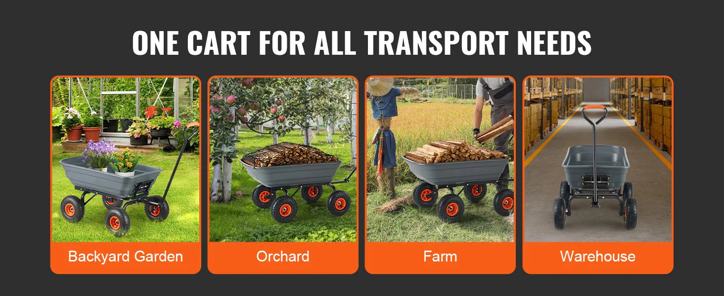 SucceBuy Dump Cart Poly Garden Dump Cart Easy to Assemble Steel Frame Dump Wagon with 2-in-1 Convertible Handle Safe Transport