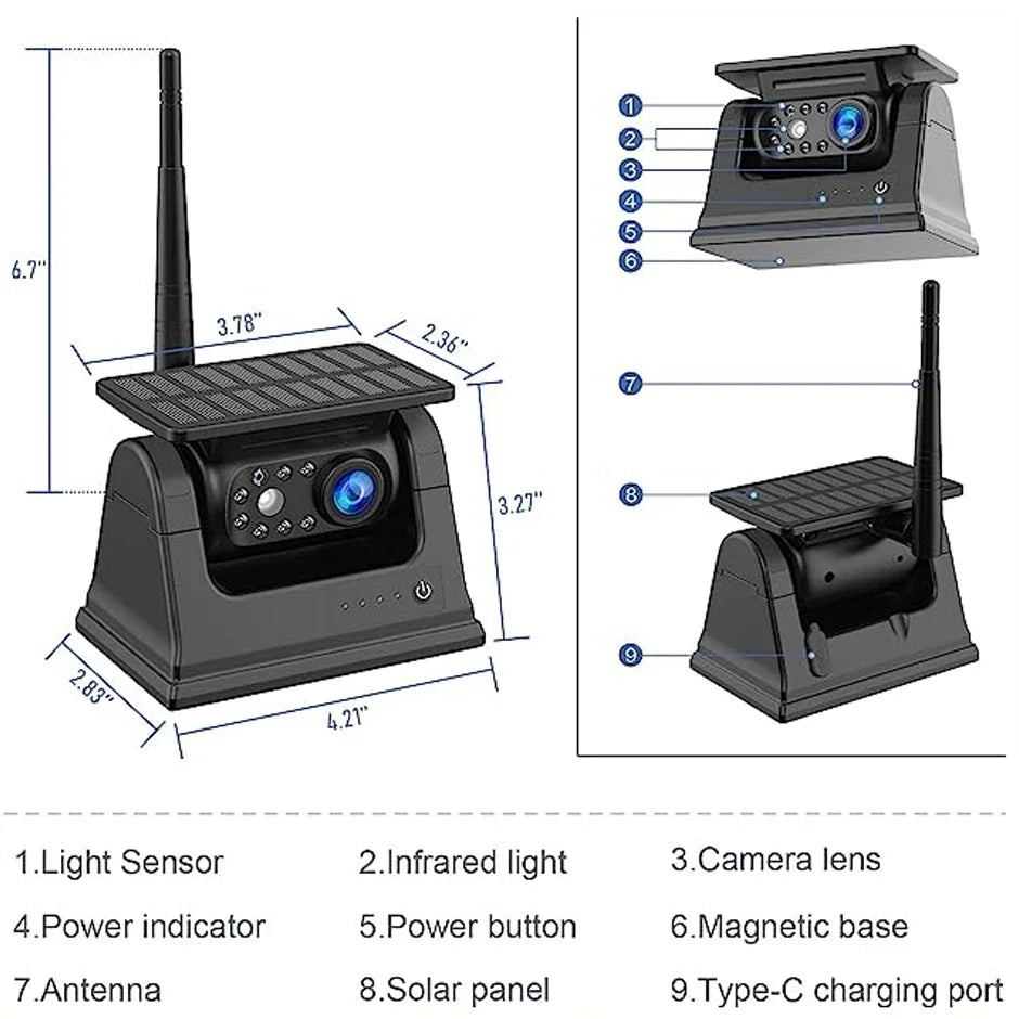 Solar Powered WiFi Magnetic Wireless Rear View Camera for iPhone AndroidRVs Trailers Trucks -1080P IR Night Vision Compatible