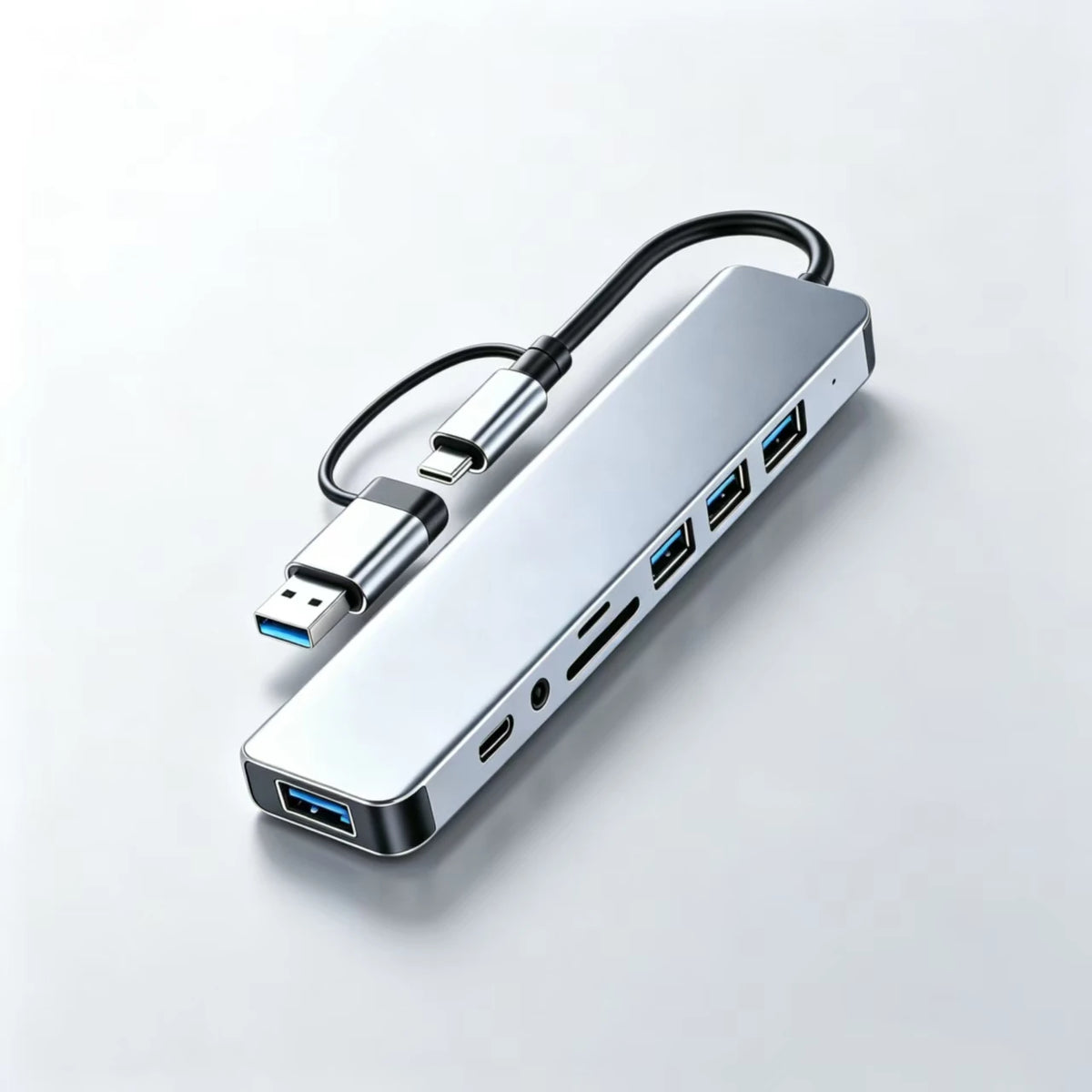 USB-C-hubadapter 8-i-2, USB-C- og USB-A-kontakter med to grensesnitt, dokkingstasjon med flere porter til bærbar PC og stasjonær PC