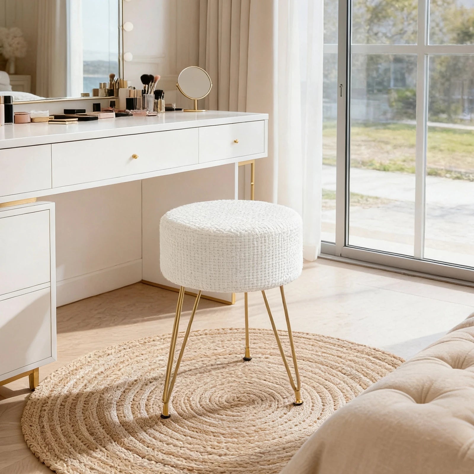 Pouf Ottoman Rond en Velours avec Rangement Caché et Pieds en Métal