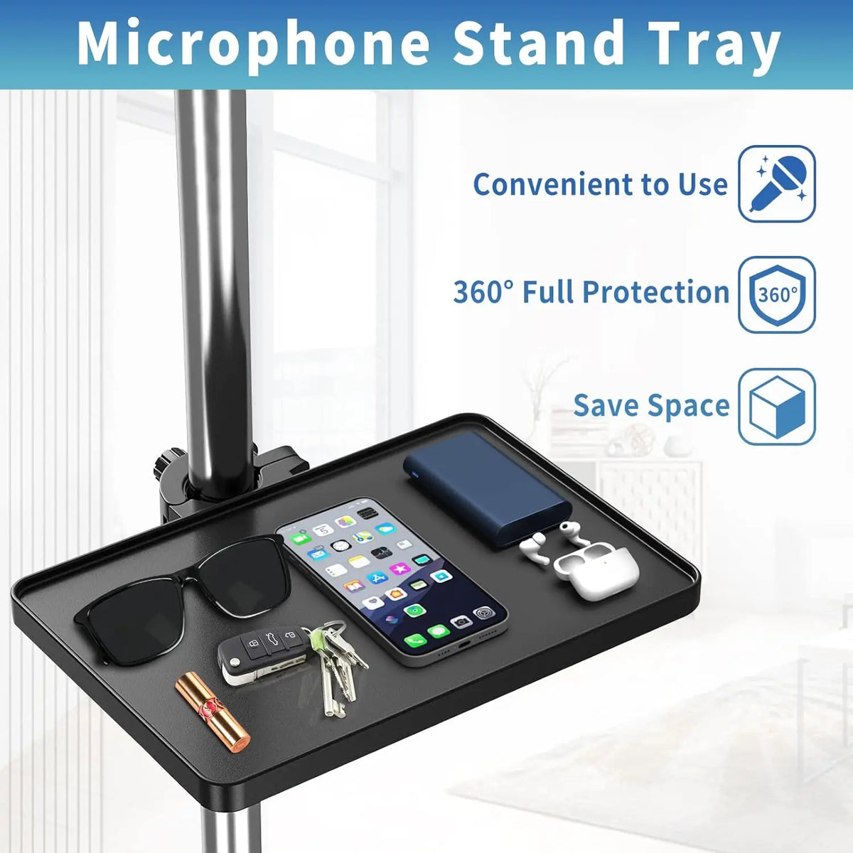 Tabuleiro para suporte de microfone com fixação por grampo e suporte de telemóvel