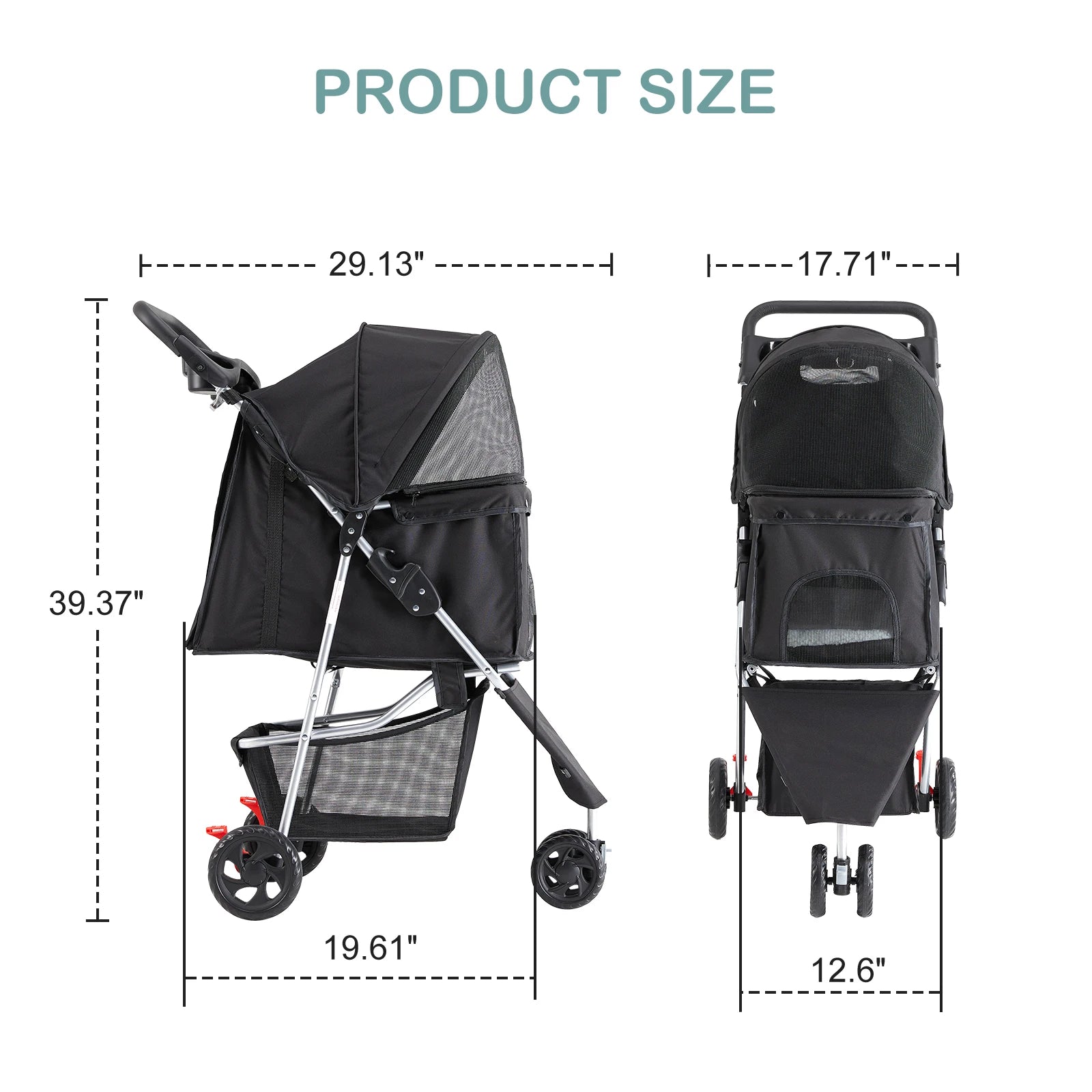 3-Wheel Foldable Pet Stroller with Storage & Mesh Windows