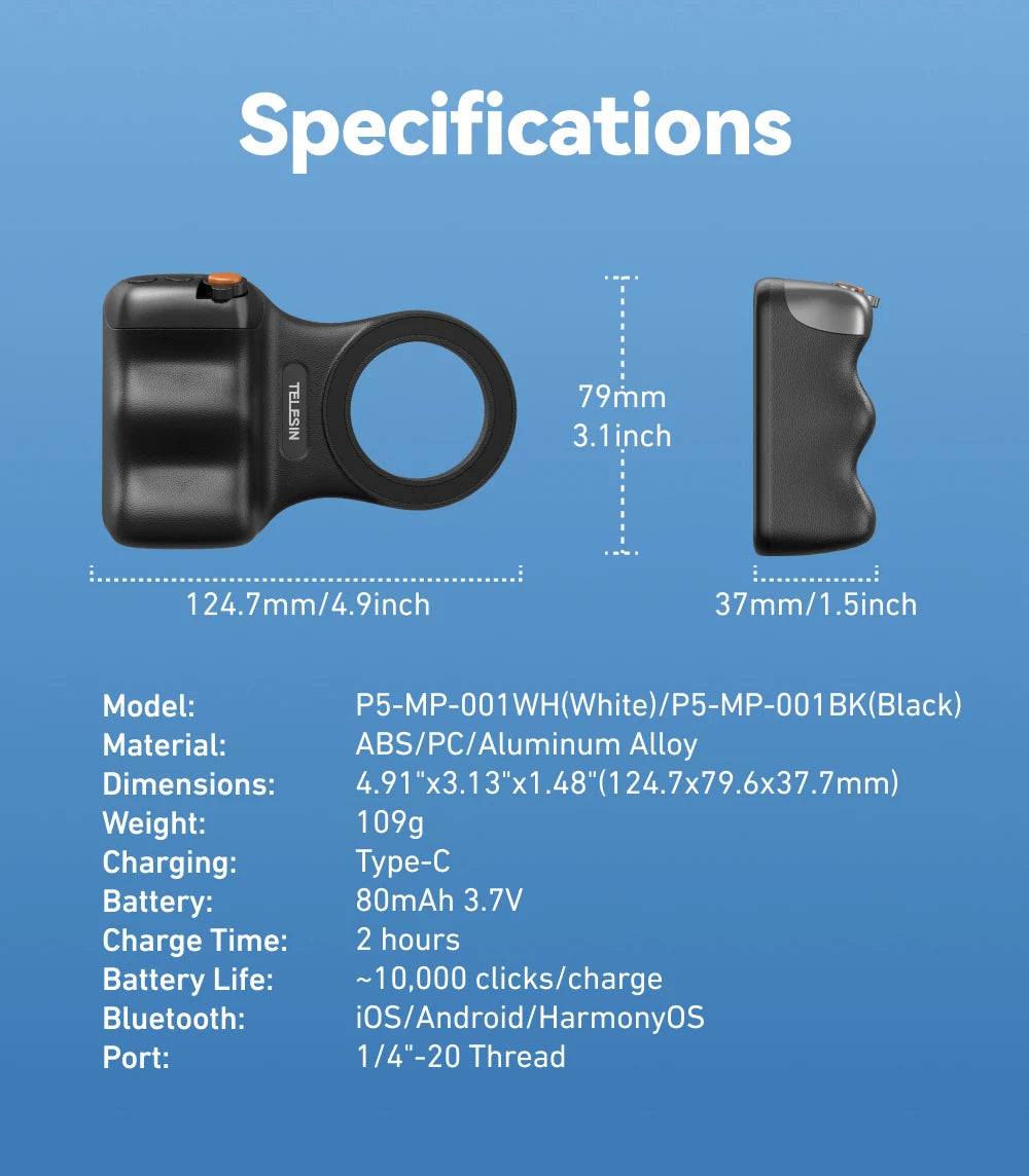 Magnetic Phone Camera Grip with Remote & Bluetooth Control