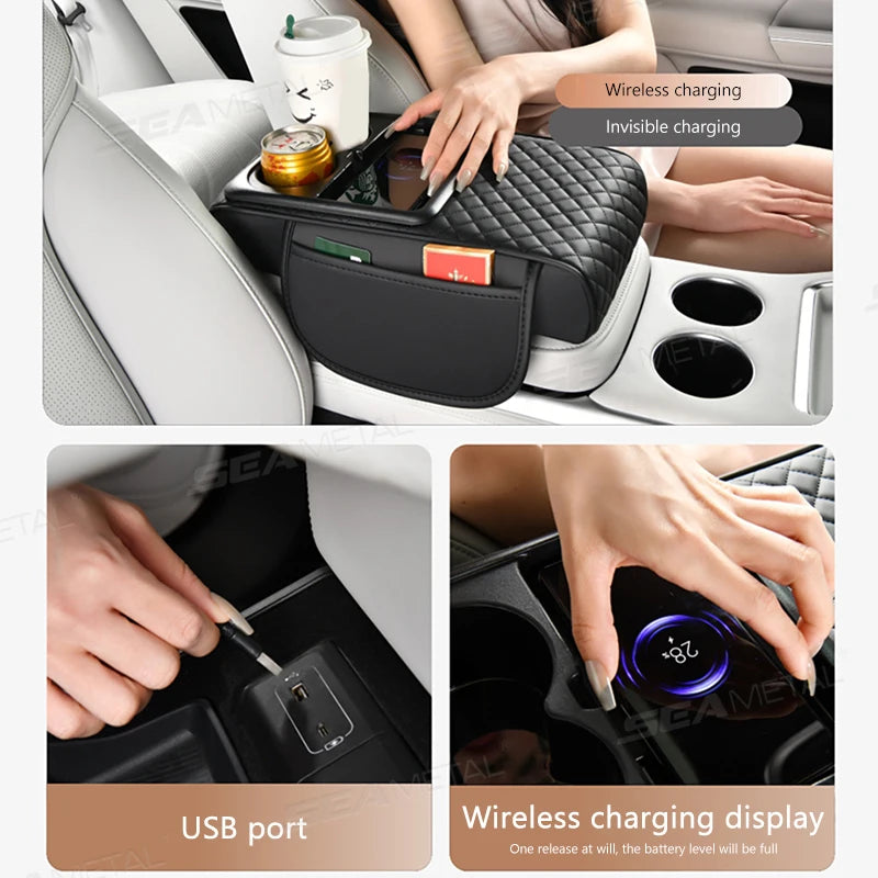 SEAMETAL 15W Wireless Charging Arm Rest Cushion for Car 7.5cm Thicken Center Console Extension Cushion Universal Elbow Support