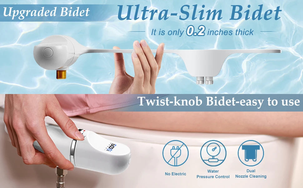 Toilet Seat Bidet Attachment Ultra-Slim Double Nozzle Adjustable Water Pressure Non-Electric Sprayer