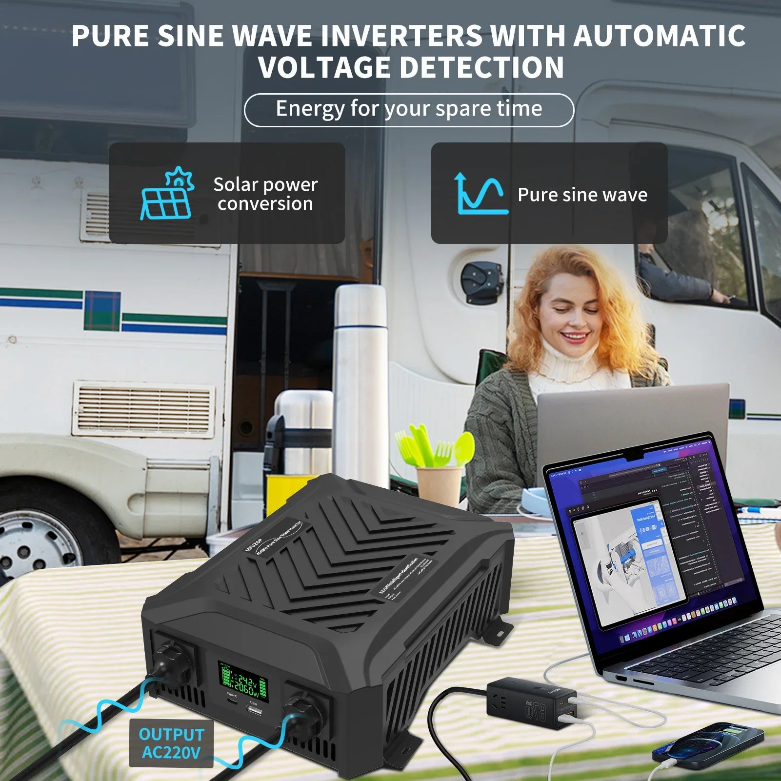 DATOUBOSS Portable 1200W2300W Dual Voltage Inverter DC12V-24V Auto Switching Pure Sine Wave Inverter for RV Off-Grid SolarSystem