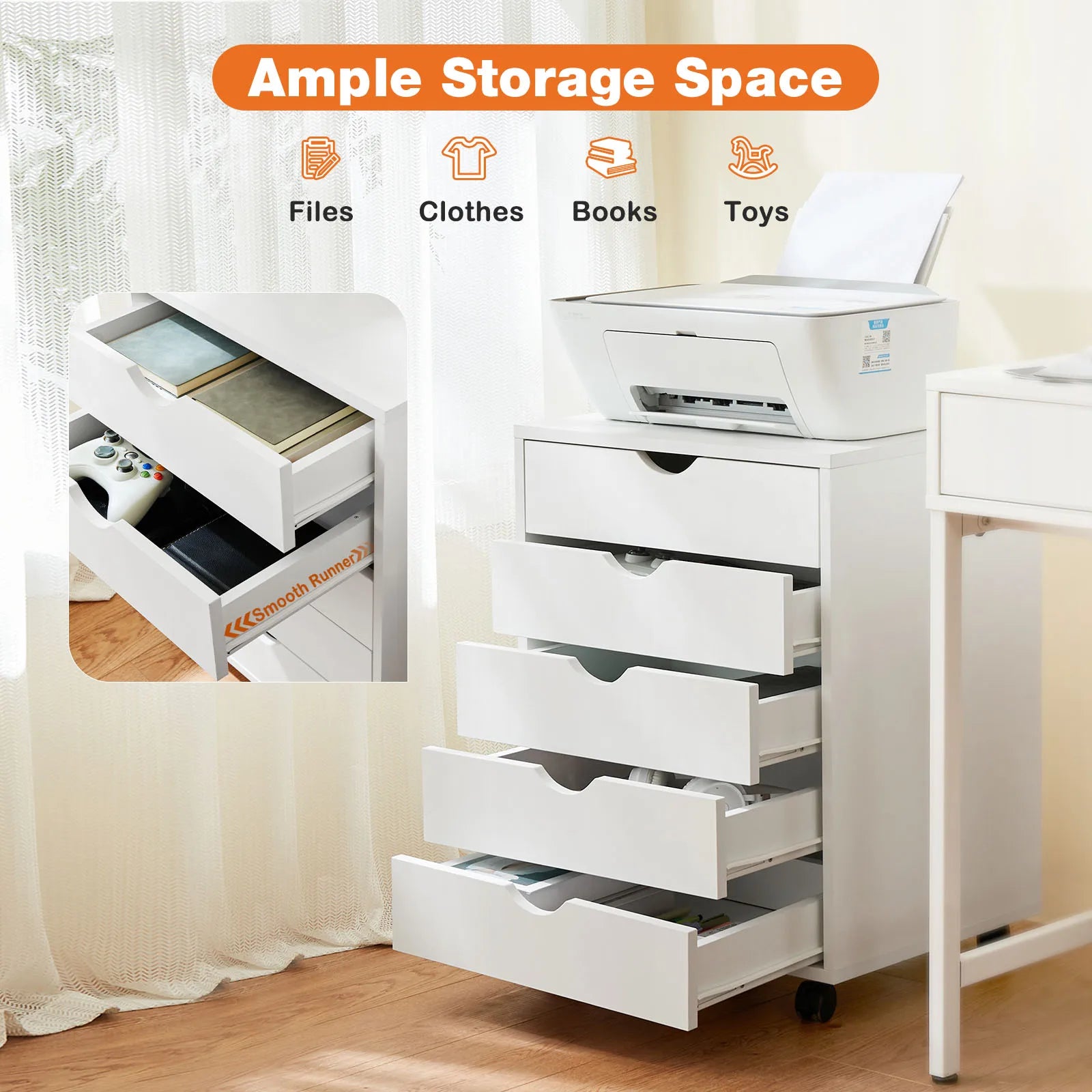 5 Drawer Rolling Nightstand Cabinet with Waterproof Top Surface