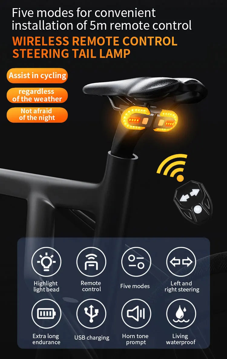 Bike Turn Signal Rear Light USB Rechargeable Wireless Back LED Scooter Tail Light Wireless Warning Taillight Cycling Accessories