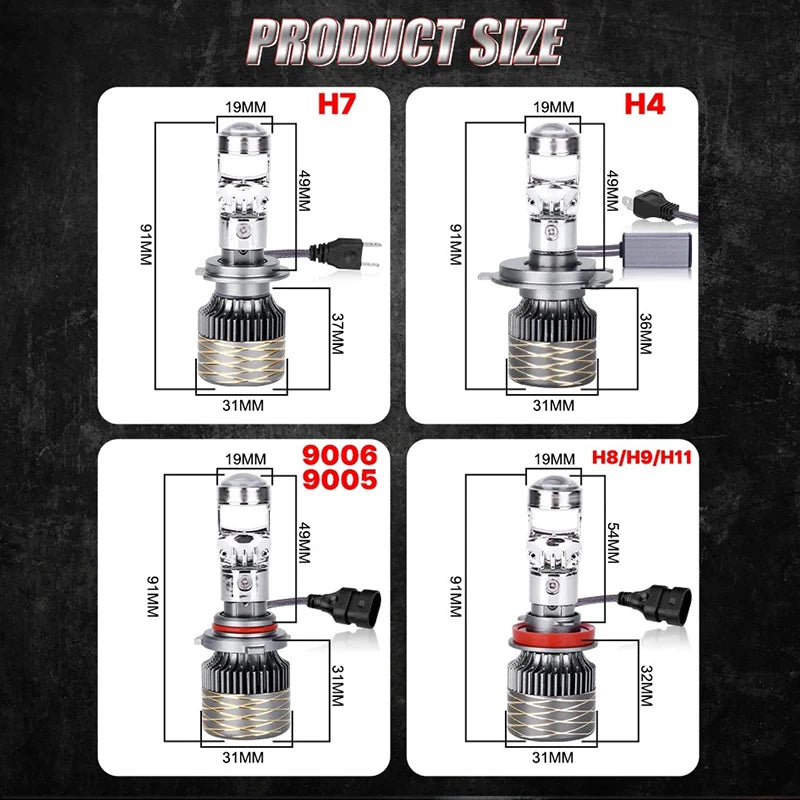 2000W LED Headlight Bulb 6000K Canbus H7 H4 H11 9005 9006