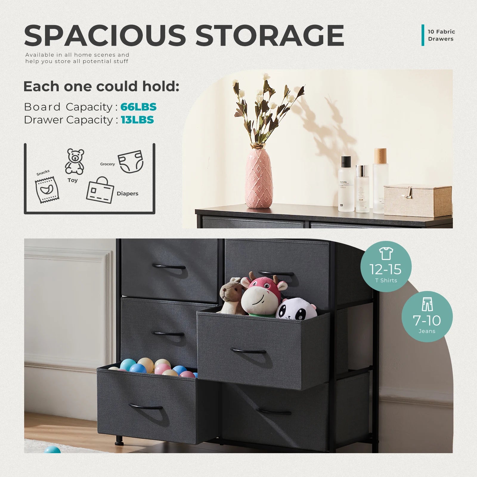 10 Drawer Fabric Dresser Nightstand with Steel Frame Storage