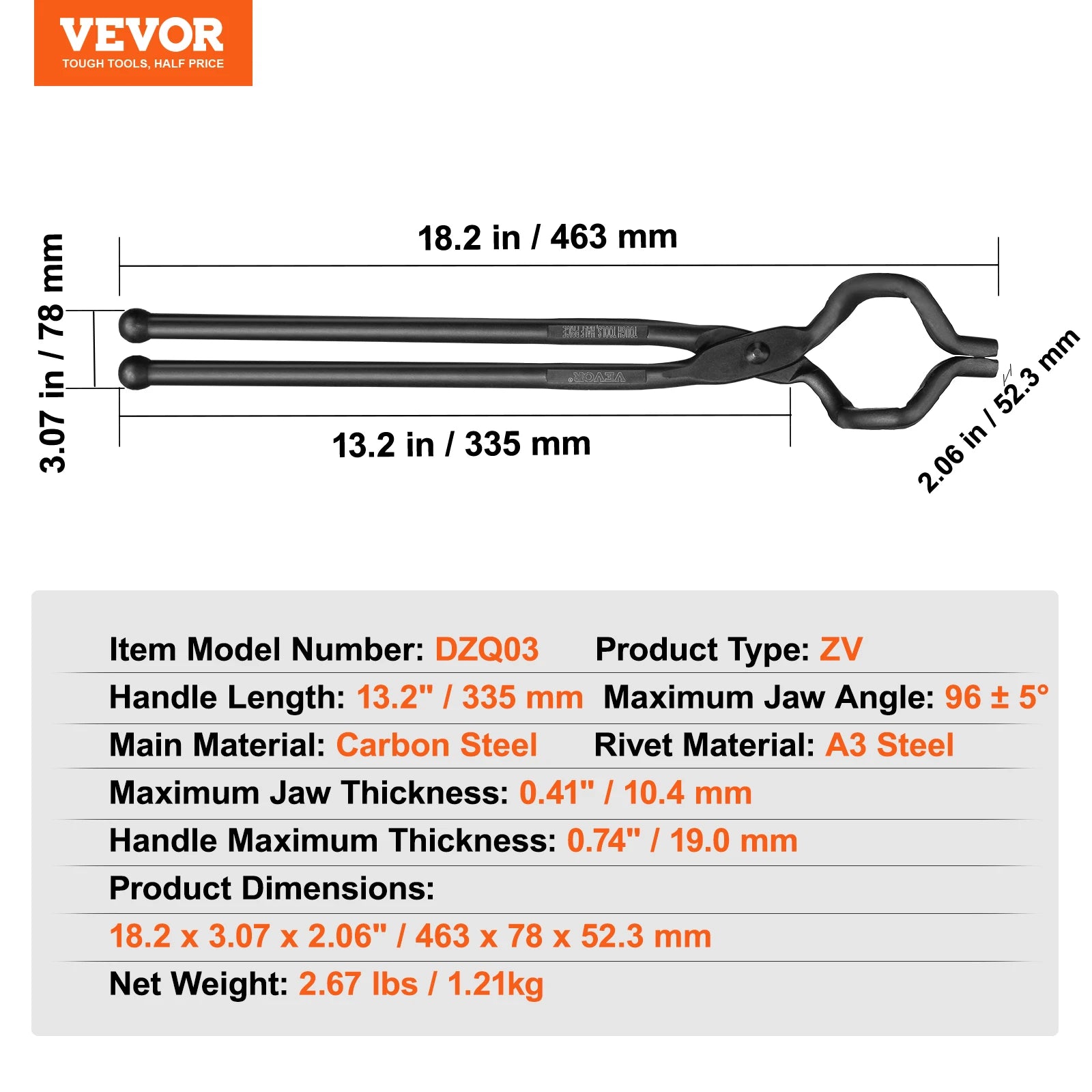 VEVOR Blacksmith Tongs Set – 18-Inch Carbon Steel Forge Tongs