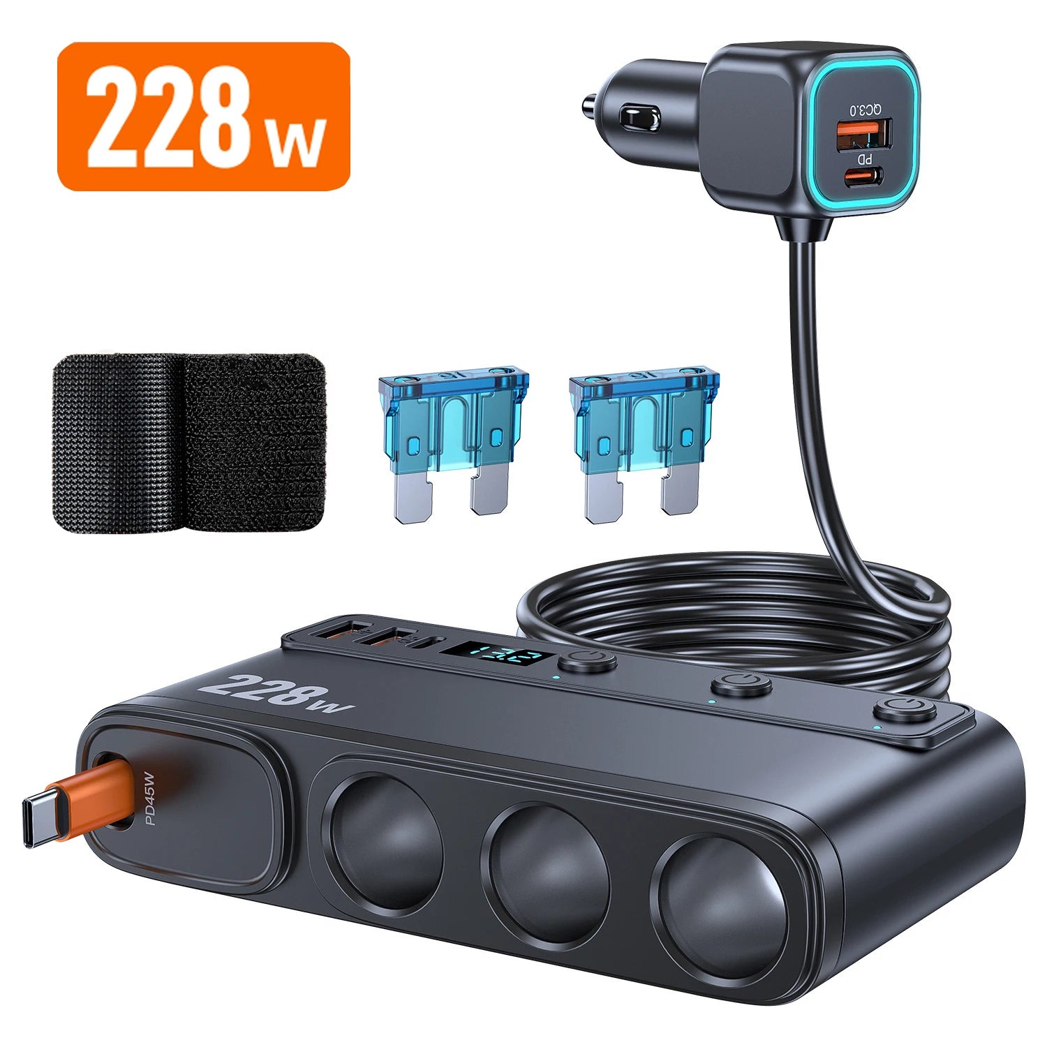 228W 9 in 1 Car Fast Charger Adapter Charge Independent Switches DC Cigarette Outlet PD 3 Socket Cigarette Lighter Splitter