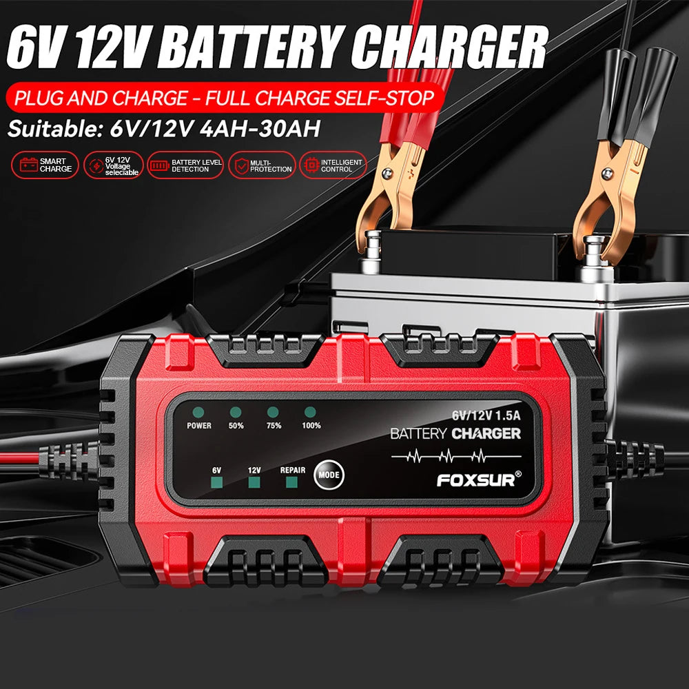 6 V / 12 V automatisk batterioplader, 1.5 A