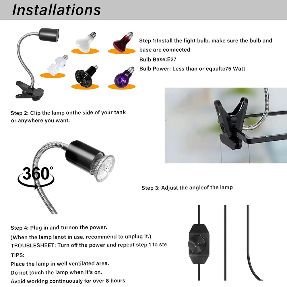 Adjustable E27 Reptile Basking Lamp, EU Plug