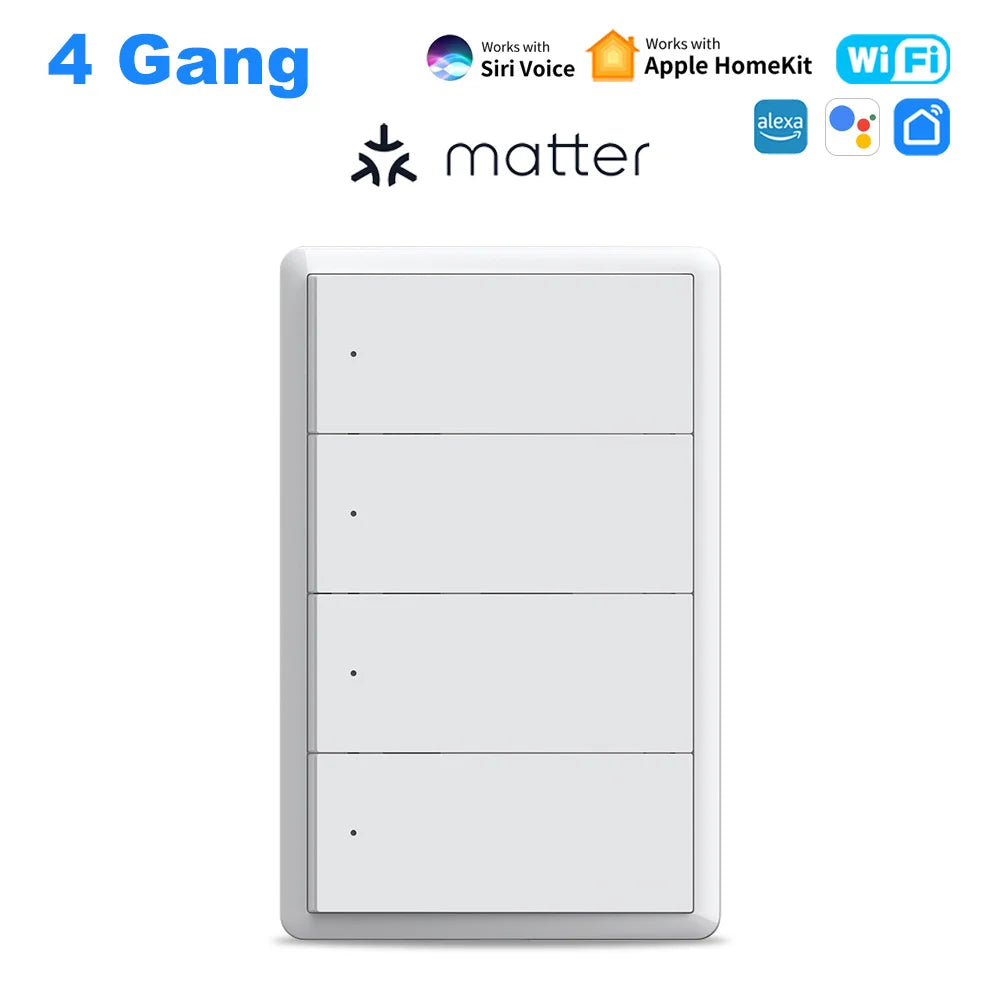 Manhot Matter WiFi Smart Wall Light Switch 1 2 3 4 Gangs with Neutral Wire Push Physical Light Switches work with Homekit App