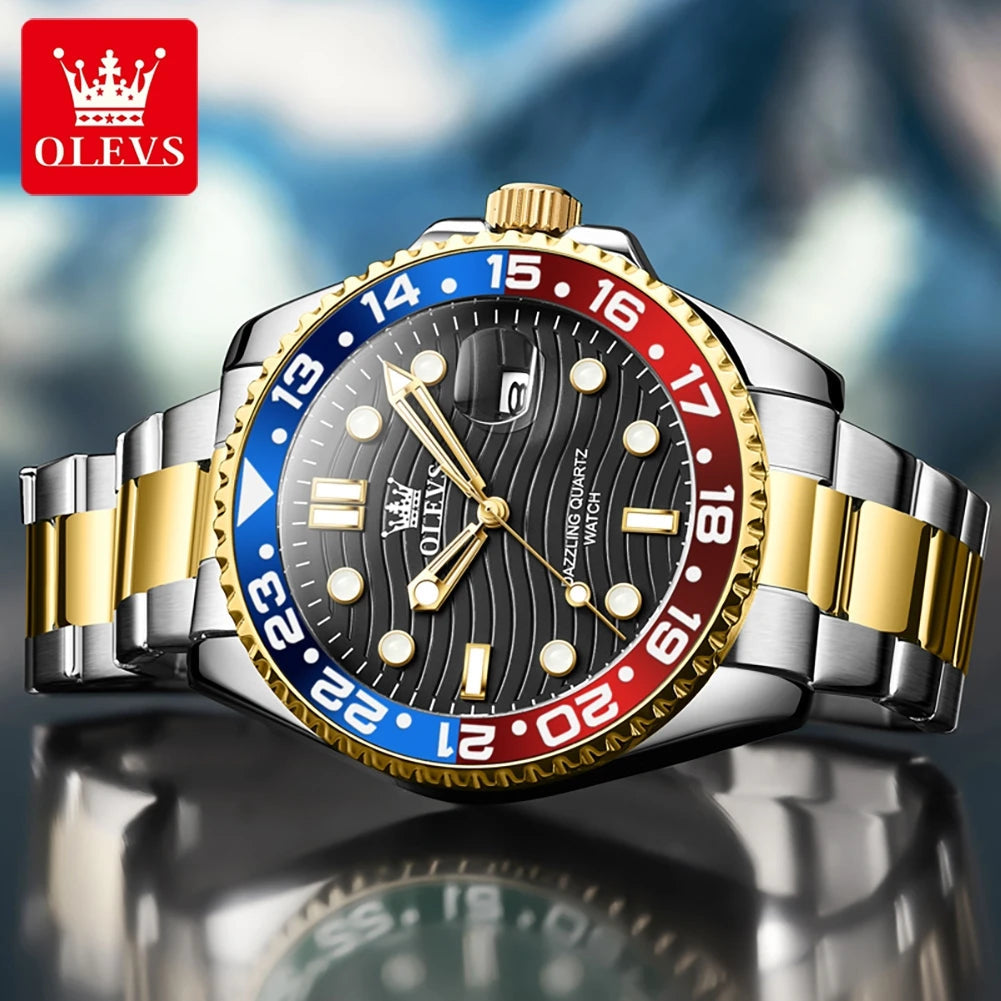 OLEVS New Quartz Watch for Men Stainlss Steel Strap Diving Series Colorful Bezel Fashion Luxury Brand Original Men's Wristwatch