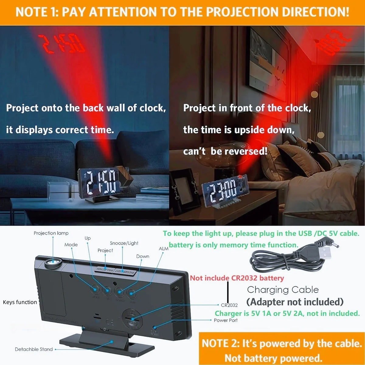 Projection alarm clock multifunction Intelligent luminous clock Bedroom large screen digital clock 180℃ back and celling projec