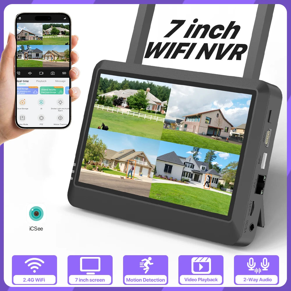 7 inch NVR Screen 8CH NVR Wireless WIFI System DIY Outdoor H.265 Security Surveillance CCTV Audio Video Recorder iCSee