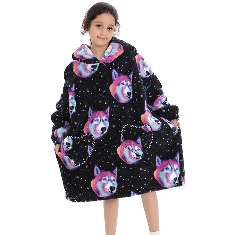 Girls Winter Clothes Flannel Thick Hoodies Super Warm Children's Sweaters Kids Hooded Loose Clothing Homewear Wearable Blankets