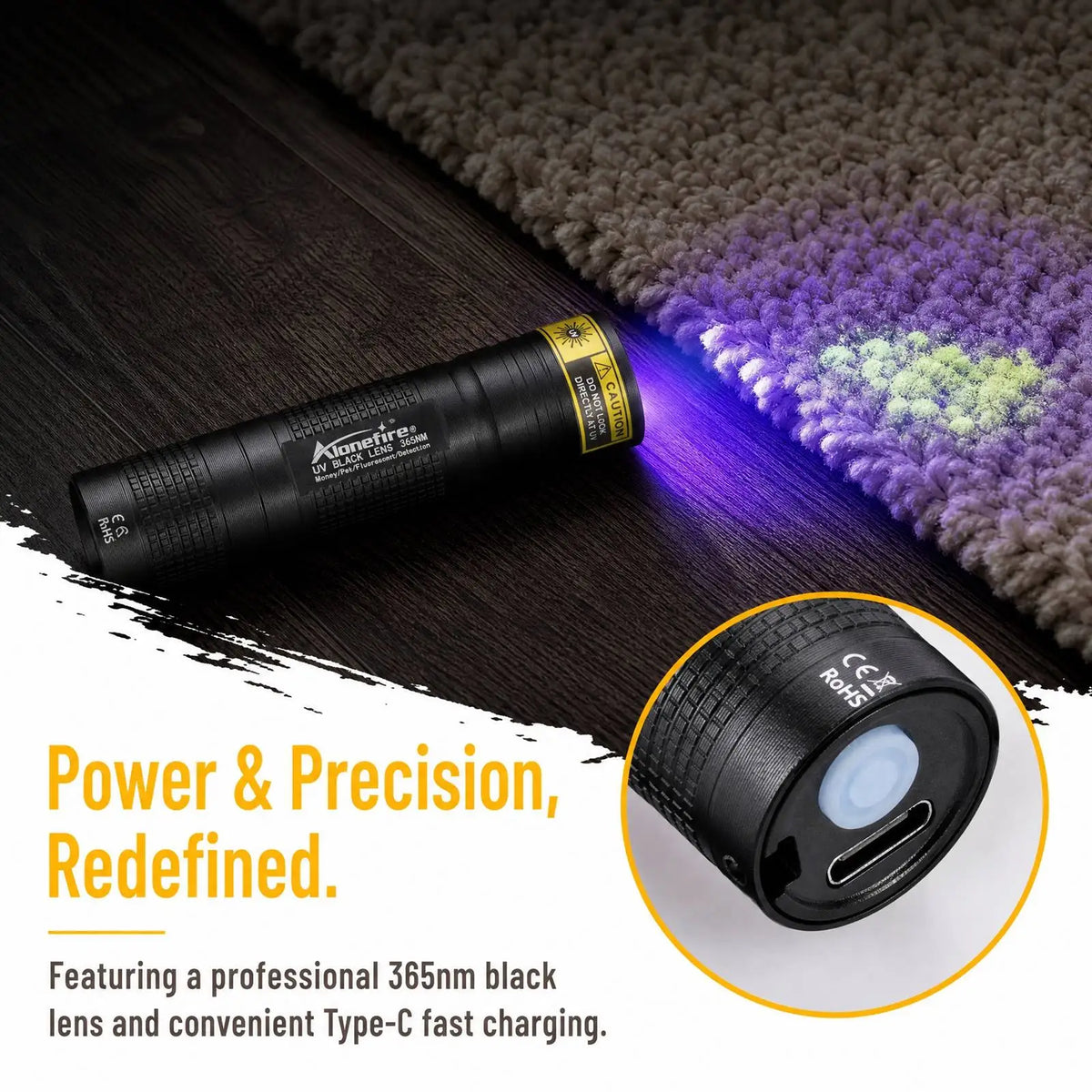 Torcia UV Mini 365nm/395nm, USB ricaricabile, essiccazione UV per colla, torcia, rilevamento ON, peli di gatto/ cane, urina, tinea, monete, lucerne scorpioni