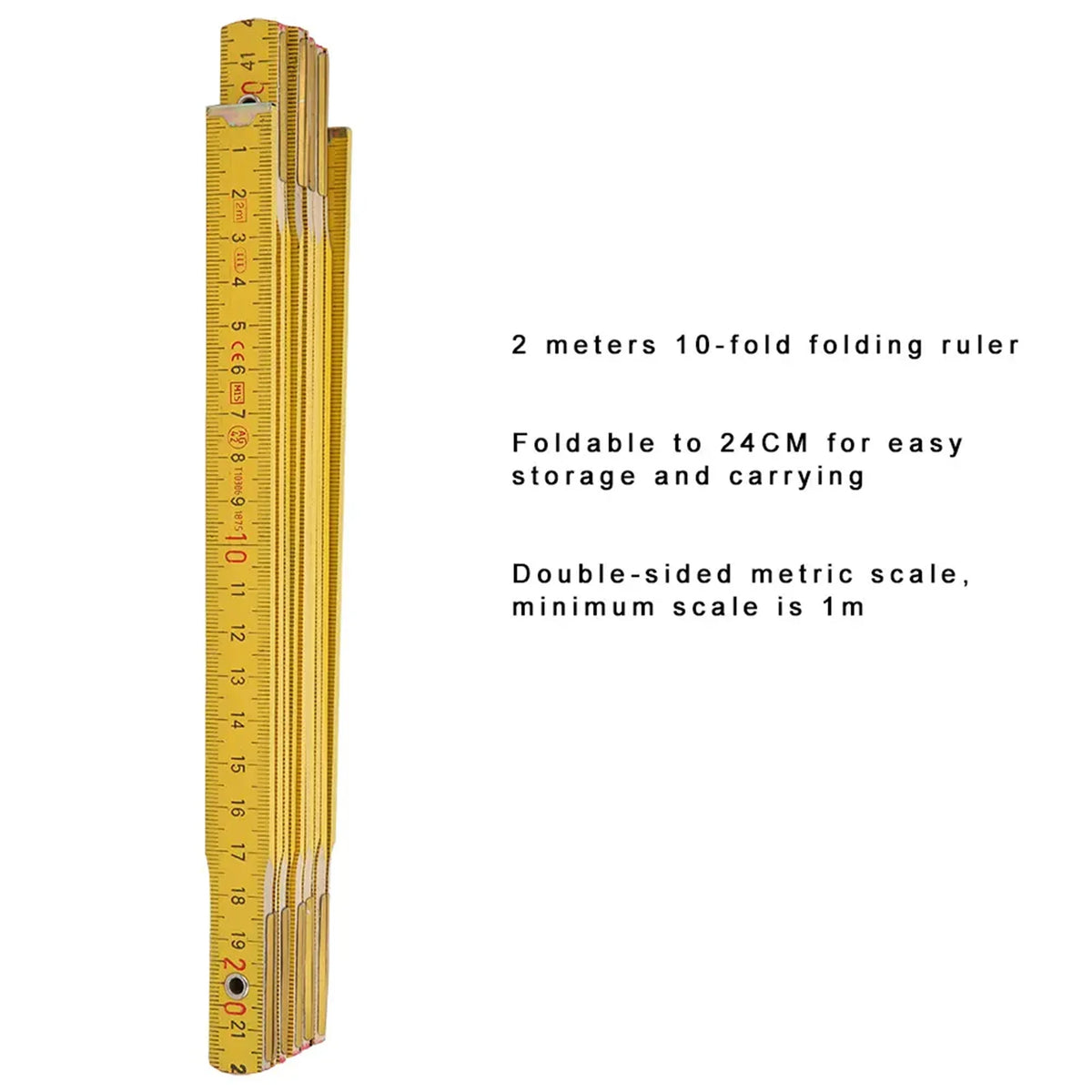 Wooden Carpenter Folding Ruler, 2 m, Double-Sided Metric Scale