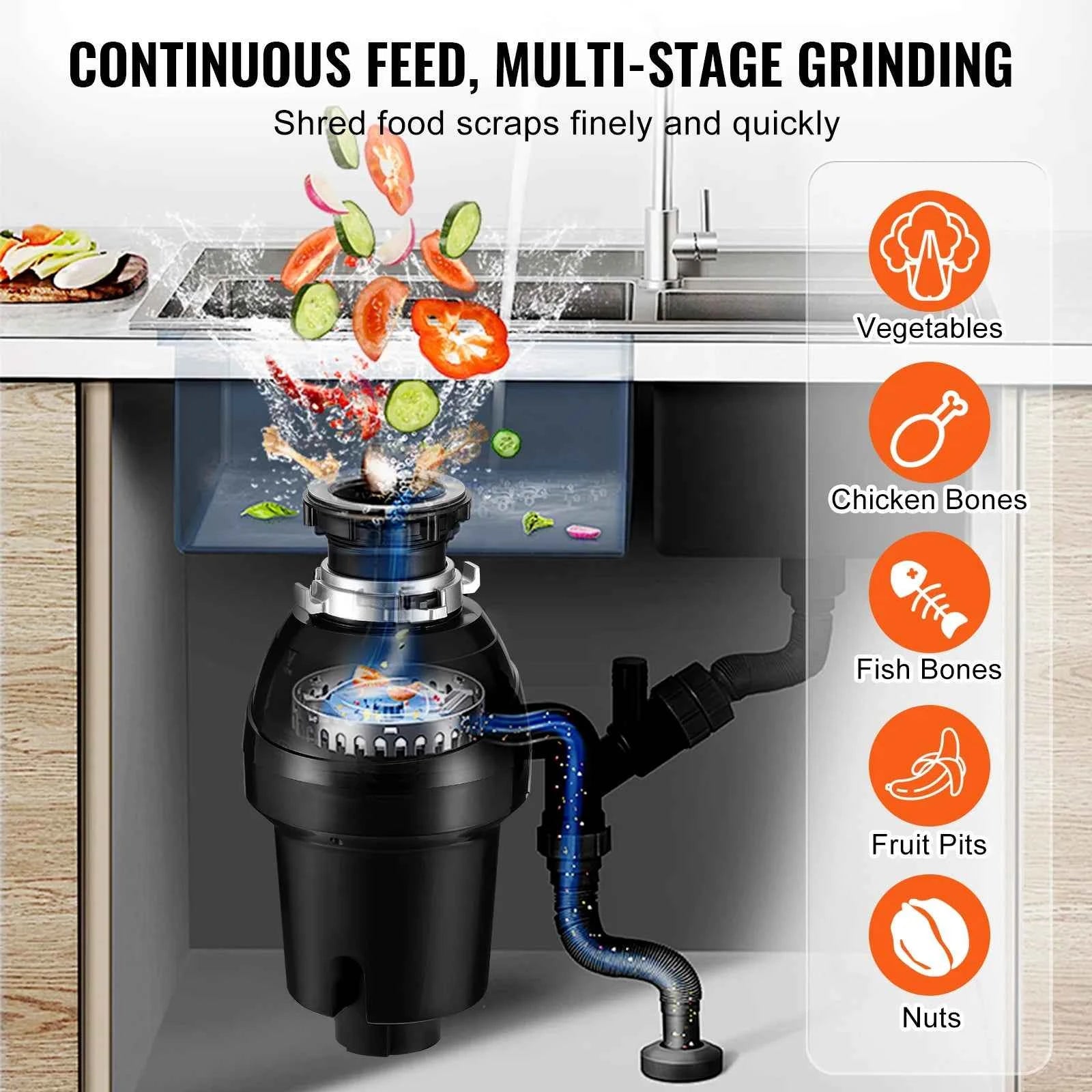 Garbage Disposal Continuous Feed Food Waste Disposer for Kitchen Sink