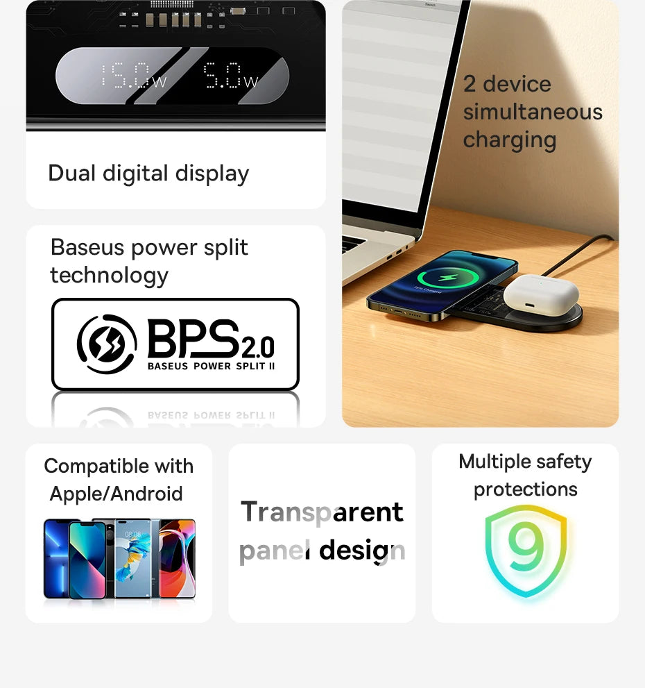 Duálny bezdrôtový nabíjač s LED displejom pre iPhone, Samsung a AirPods