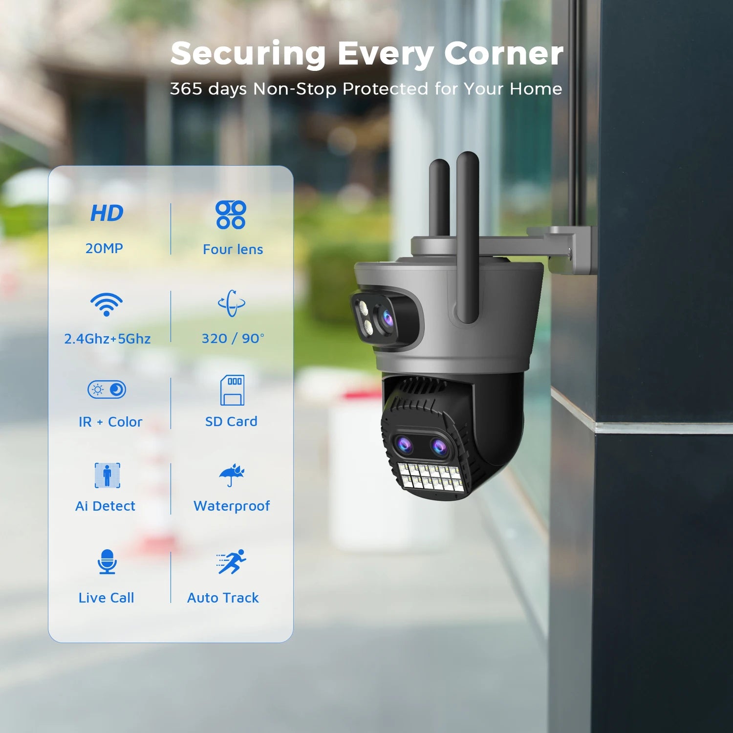 20MP 10K PTZ WiFi biztonsági kamera 4-lencsés 360° automatikus követéssel