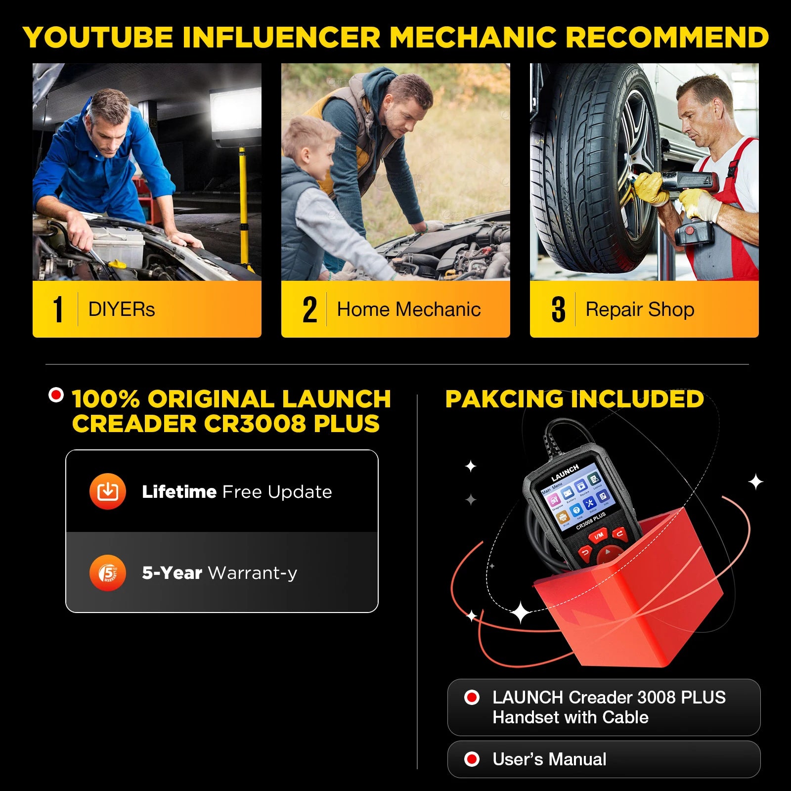 OBD2 Scanner Code Reader with Engine Diagnostics & Battery Test