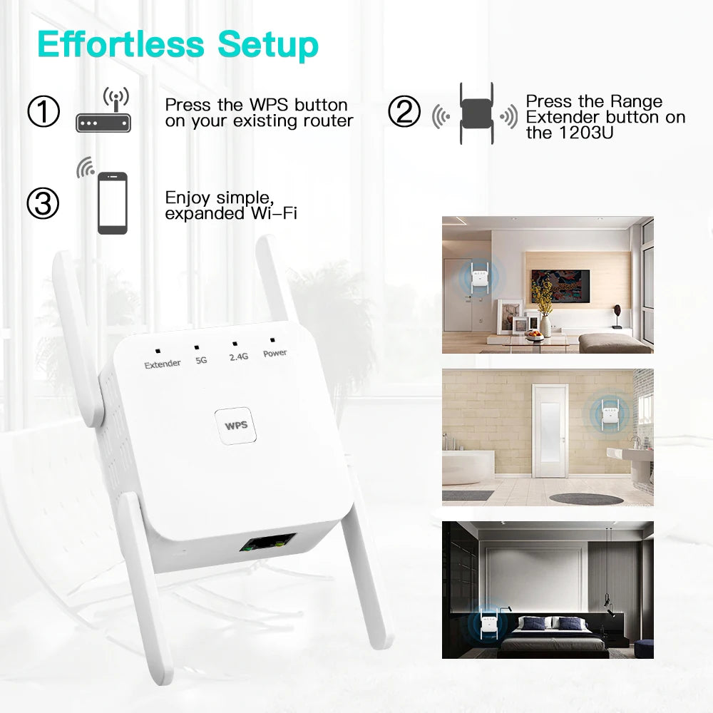 5Ghz WiFi Repeater AC1200 Wi-Fi Booster WiFi Extender Amplifier 2.4G/5GHz Wi-Fi Signal Booster Long Range Network Access Point