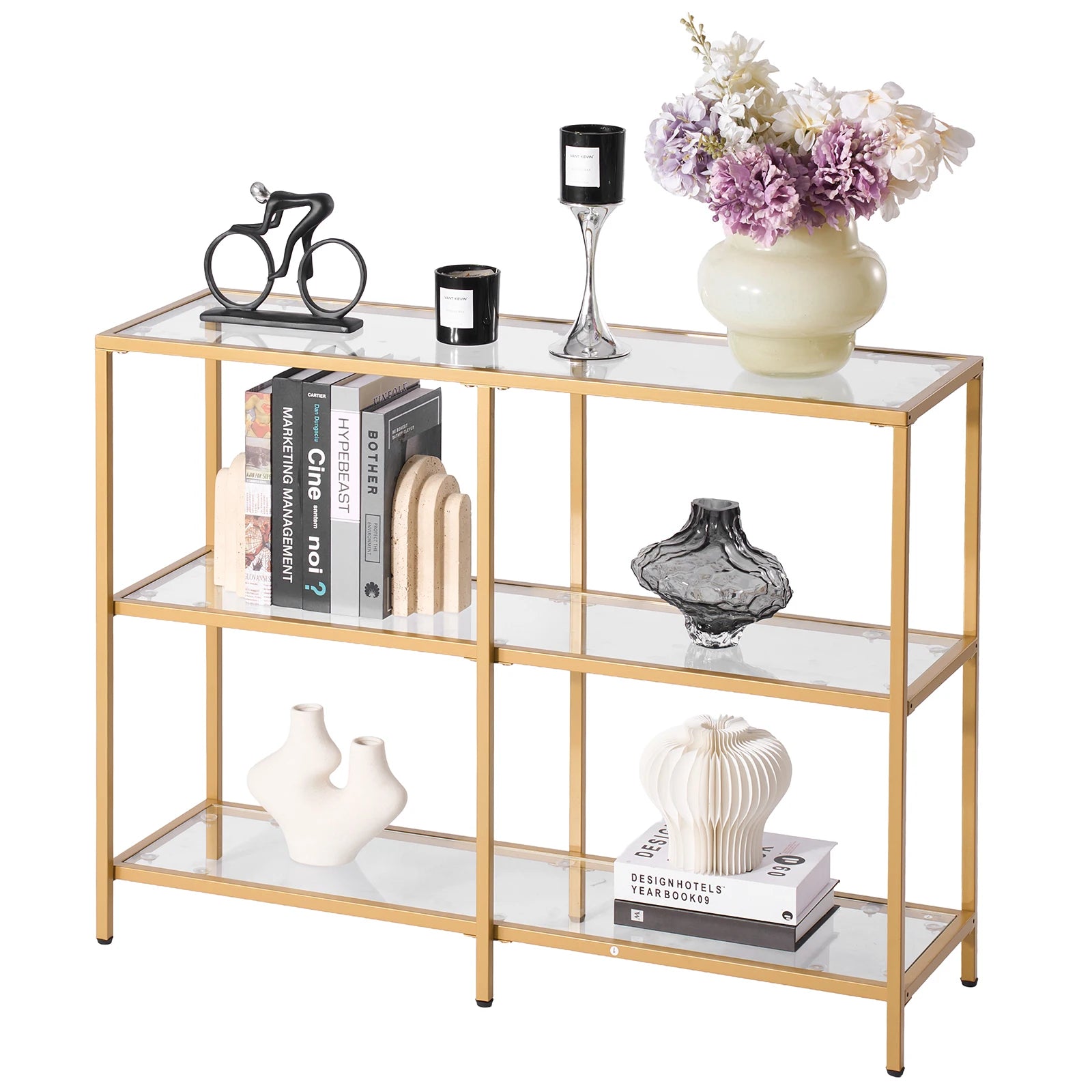 Modern Glass Console Table with Metal Frame, Multi-Tier Storage