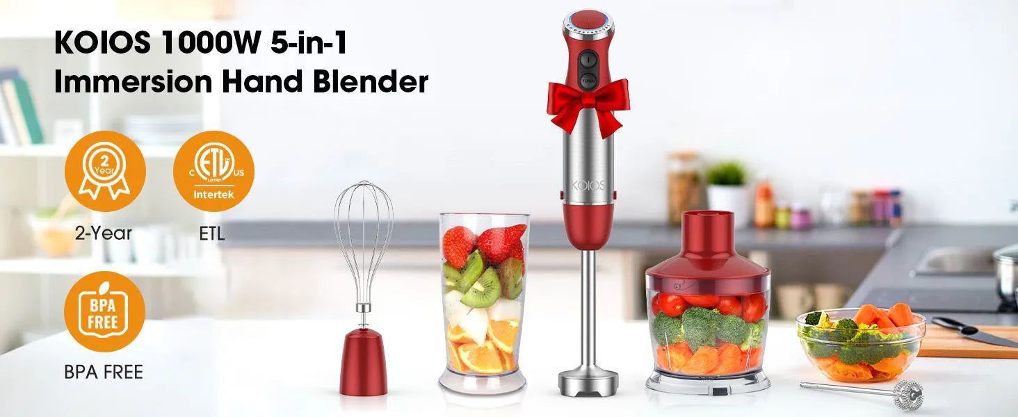 5-in-1 Hand Immersion Blender, 1000W 12 Speed Handheld Blender, Copper Motor Stainless Steel Blade Stick Blender,600ml Mixing Beaker,500ml Food Processor, Whisk, Milk Frother, BPA-Free, Red