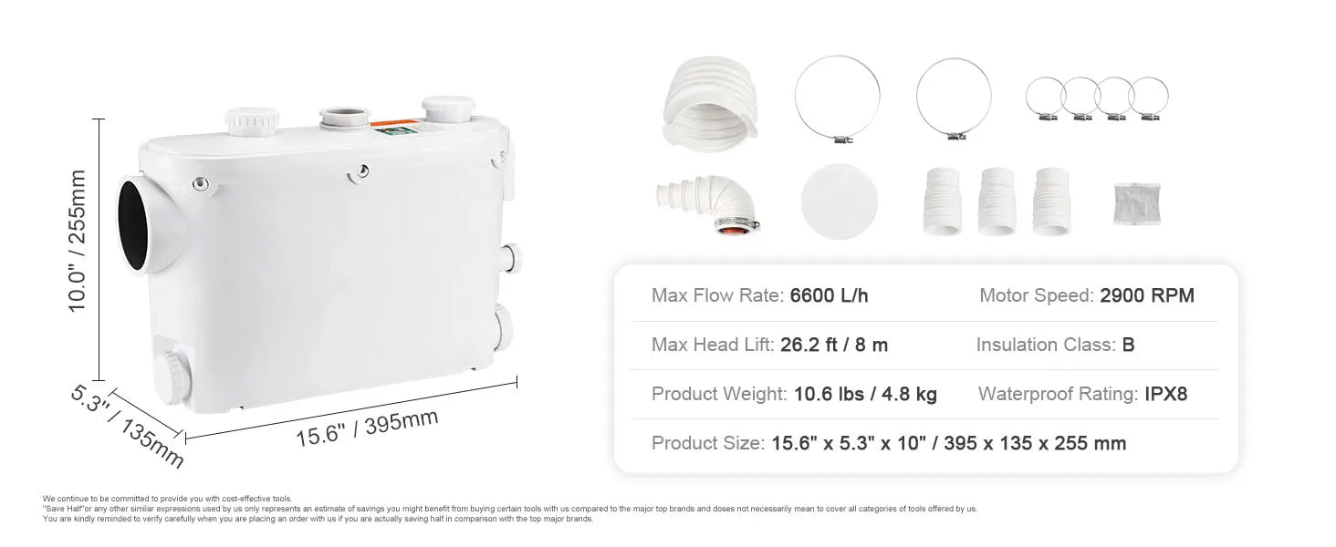 SucceBuy Macerator Pump 500W 29GPM Flow 26ft/8 m Head Wall-Hung Toilet Pump, 4 Water Inlets Waste Water Disposal Upflush Machine