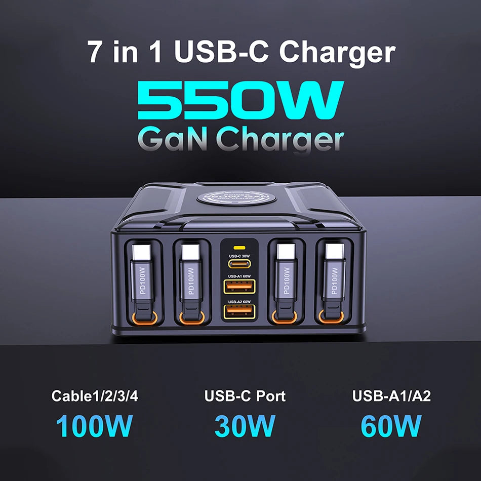 Nabíjacia stanica 7 v 1 s výkonom 550 W a 100W vysúvateľnými USB-C káblami
