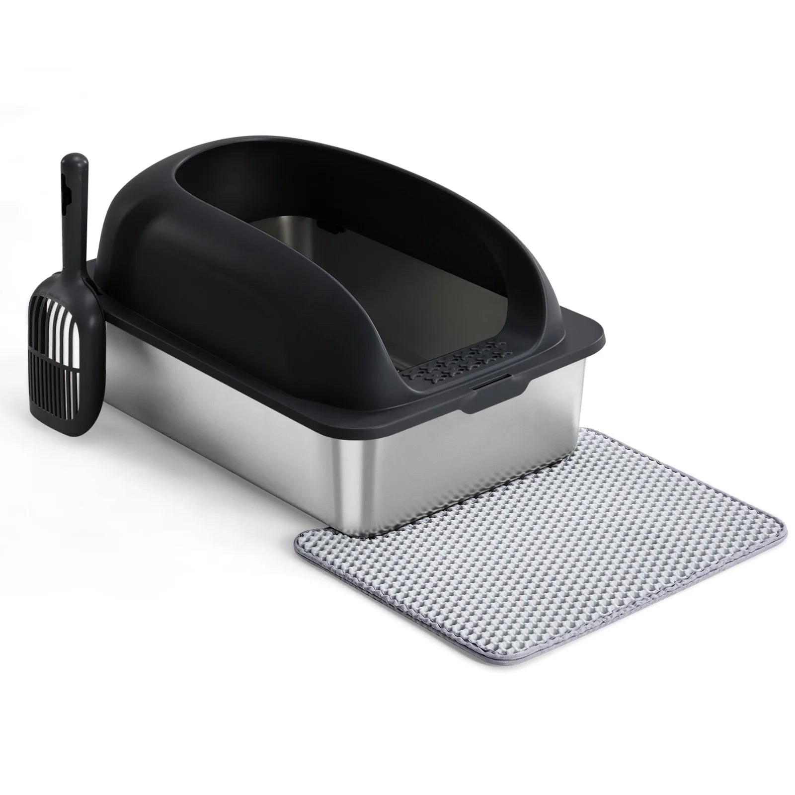 24" Stainless Steel Cat Litter Box with Lid, Scoop & Mat