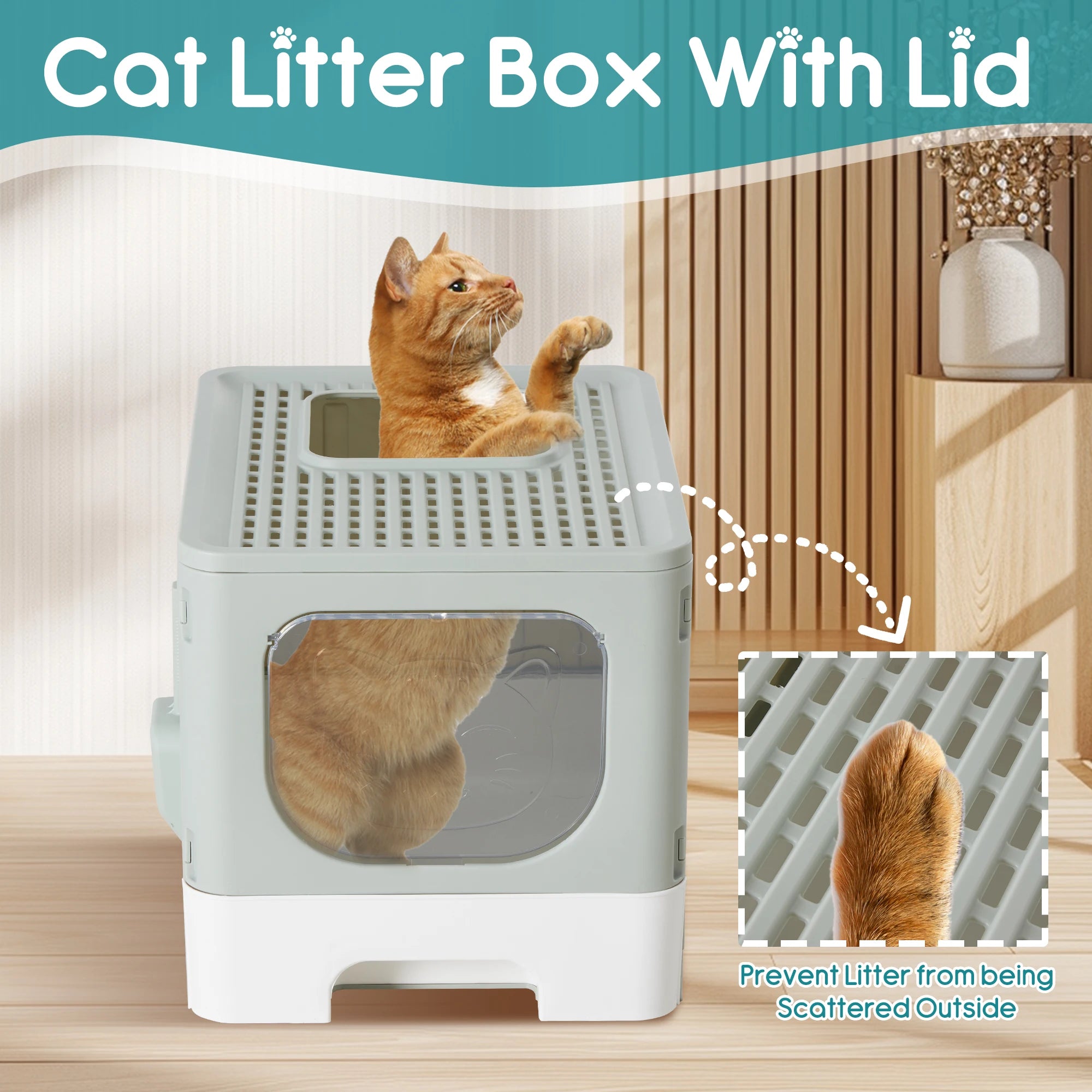 Large Covered Cat Litter Box with Lid and Scoop, 23.6" Foldable Design