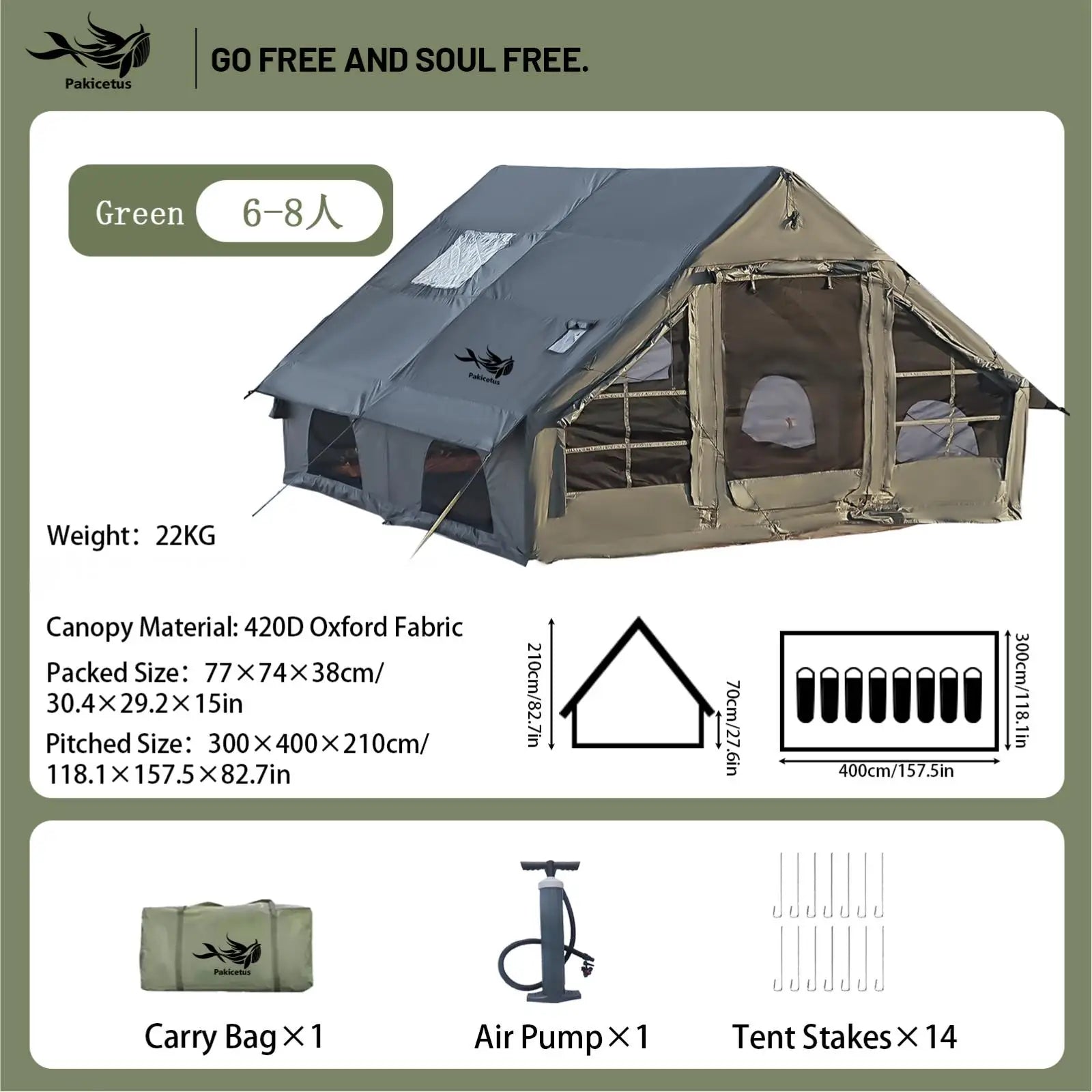 Inflatable Camping Tent for 4-8 Persons with Carry Bag