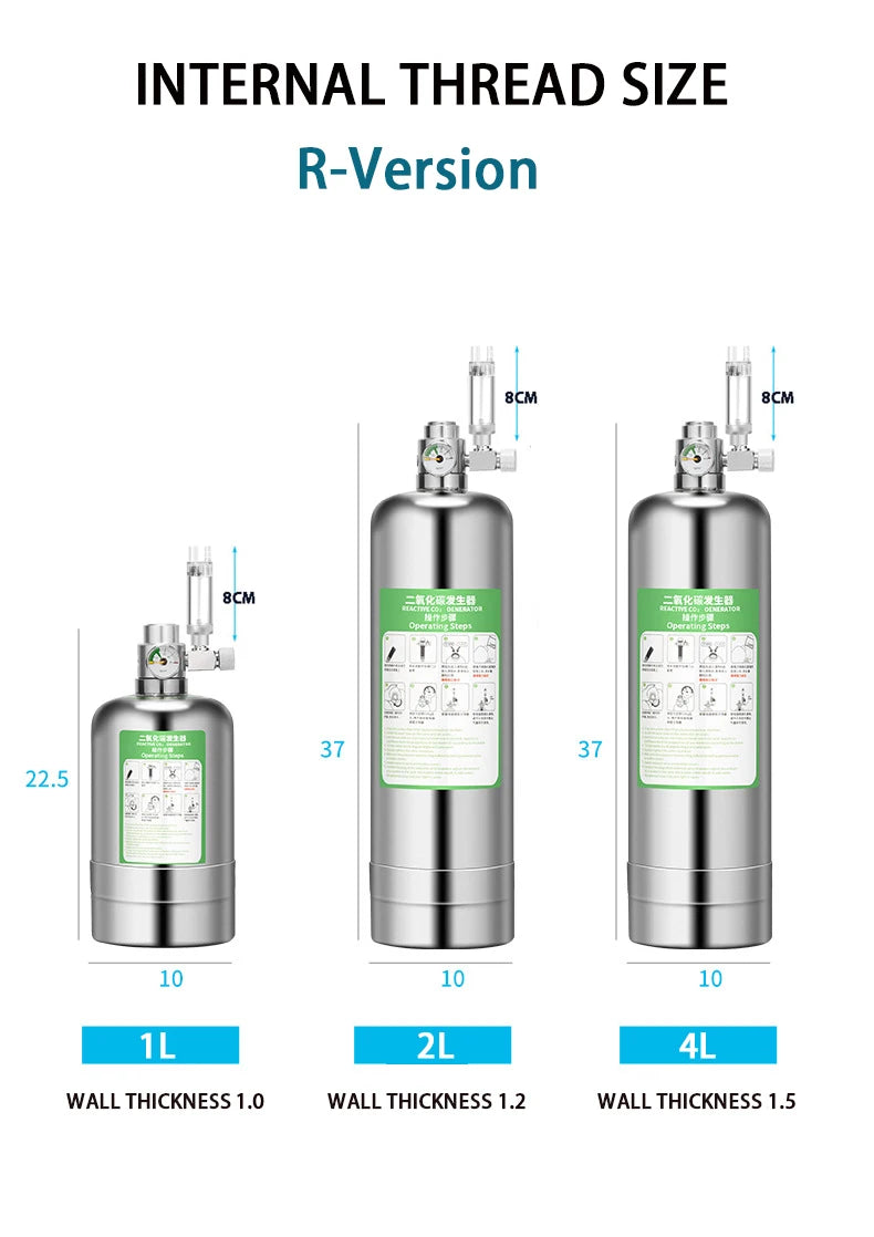 Generator de CO₂ din oțel inoxidabil pentru acvariu — 1 L sau 2 L