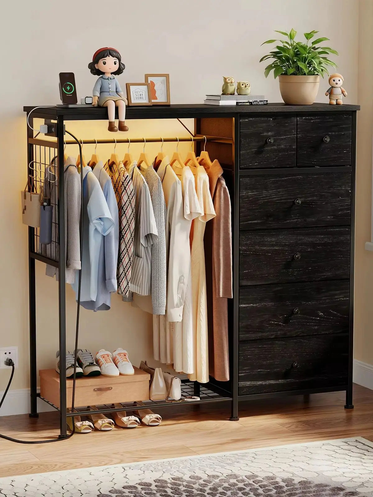 6-Drawer Fabric Dresser with Hanging Rack, LED Lights & Charging Station